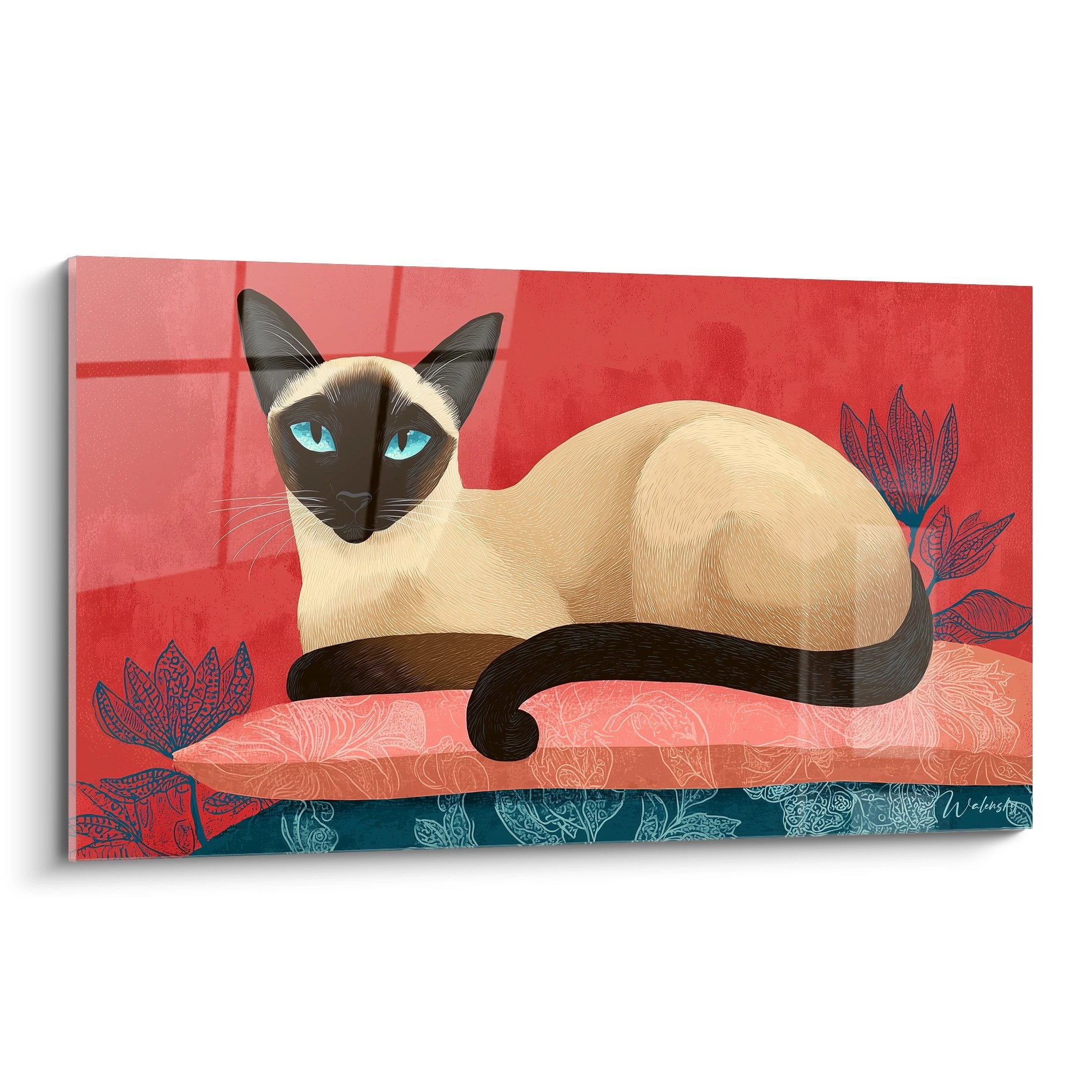 Quadro murale gatto siamese beige con occhi blu su fondo rosso con motivi floreali decorativi