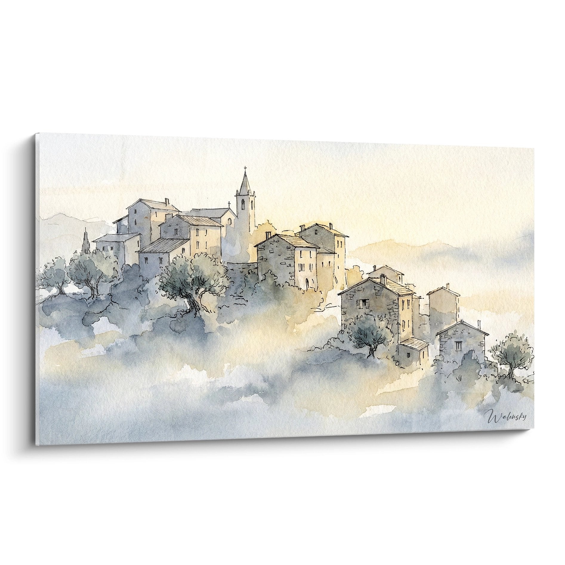 Acquerello villaggio corso arroccato montagna nebbia chiesa case pietra decorazione murale arte corsica