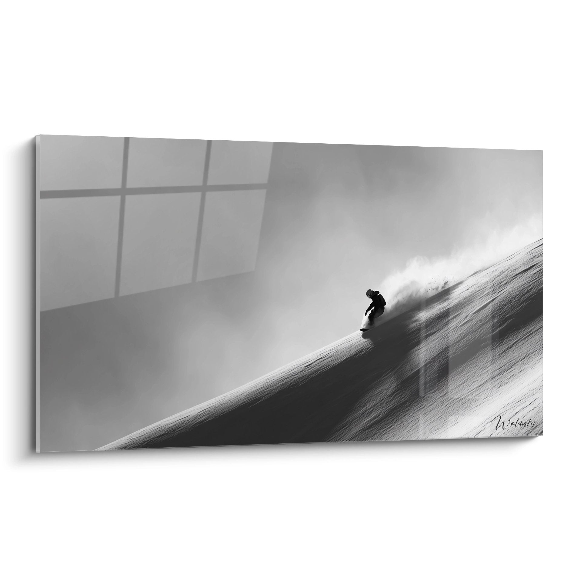 Tableau noir et blanc d'un snowboardeur dans la poudreuse, art mural moderne pour decoration snowboard