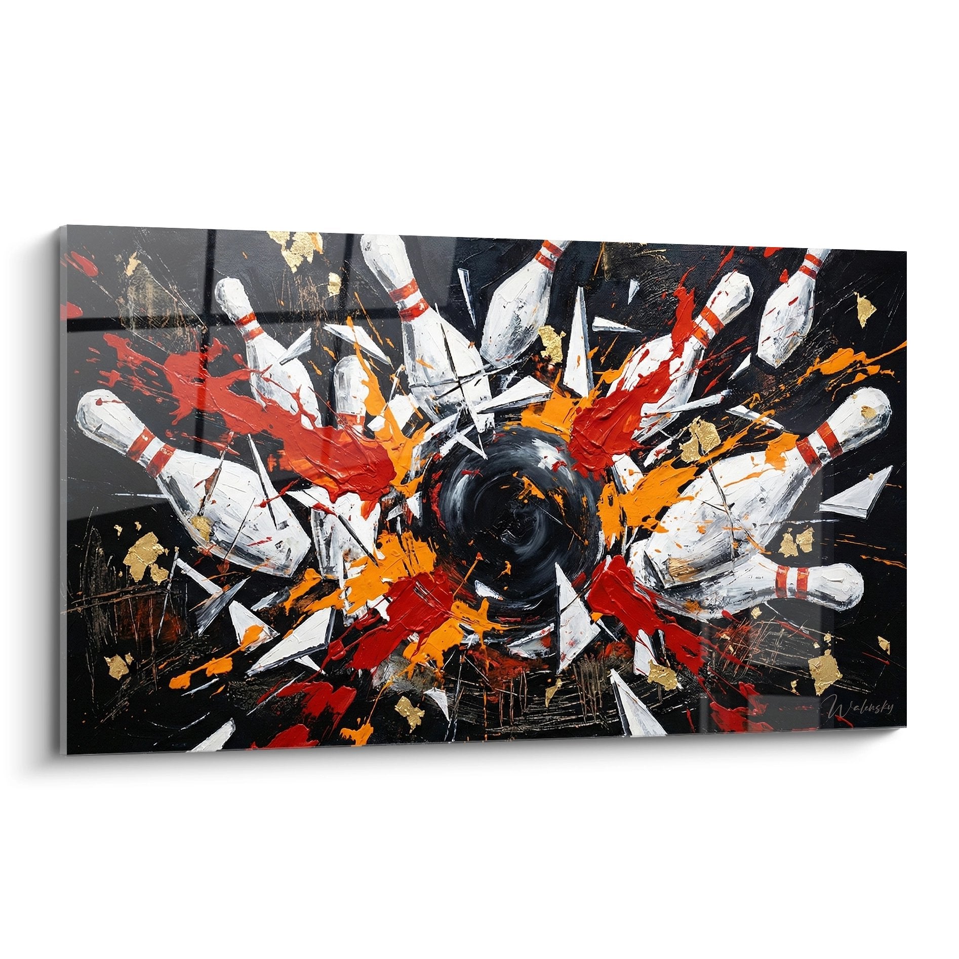 Modern bowling canvas showing explosion of white and red pins with black ball on dynamic background