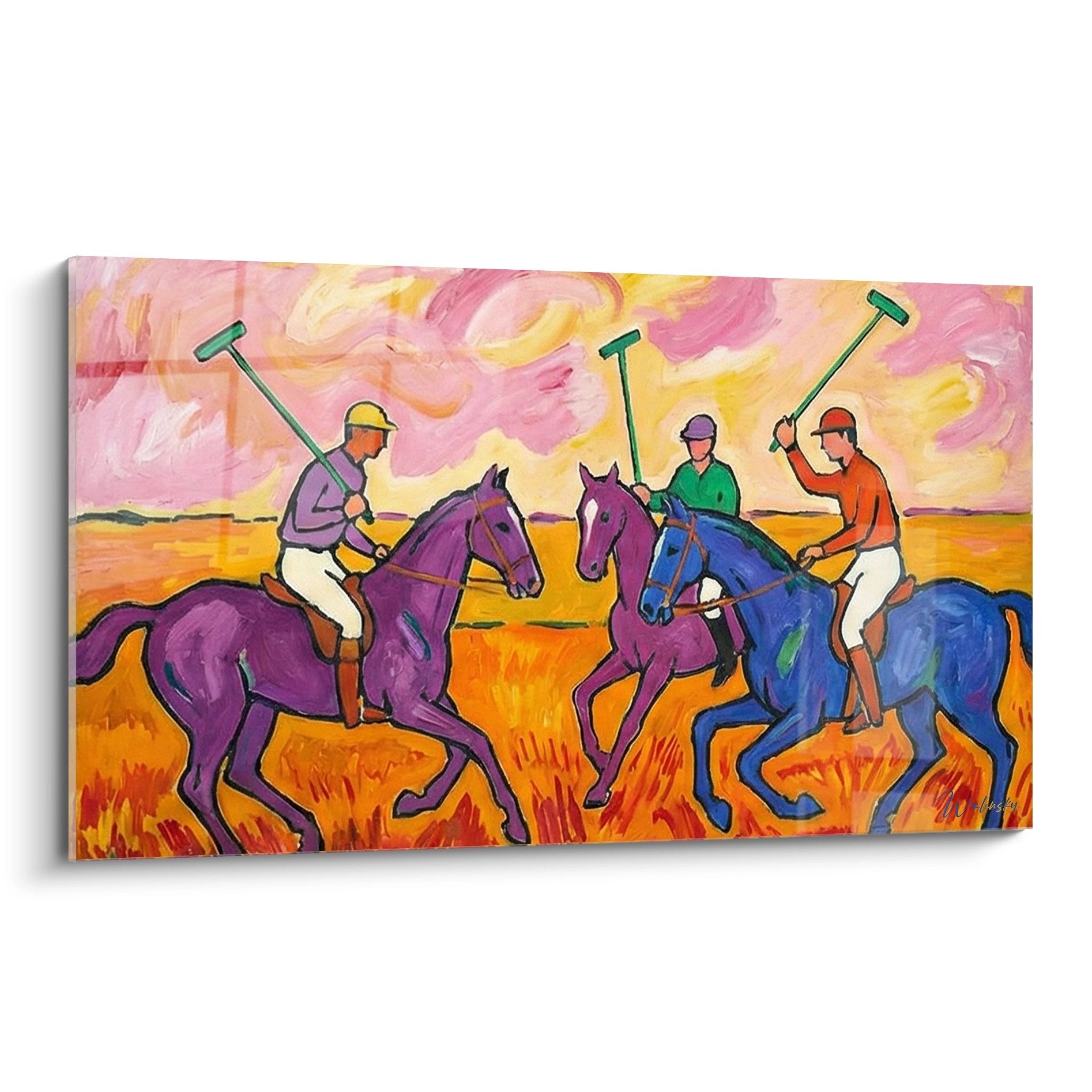 Equestrian polo painting with three riders in vibrant purple blue and pink colors in dynamic sports action