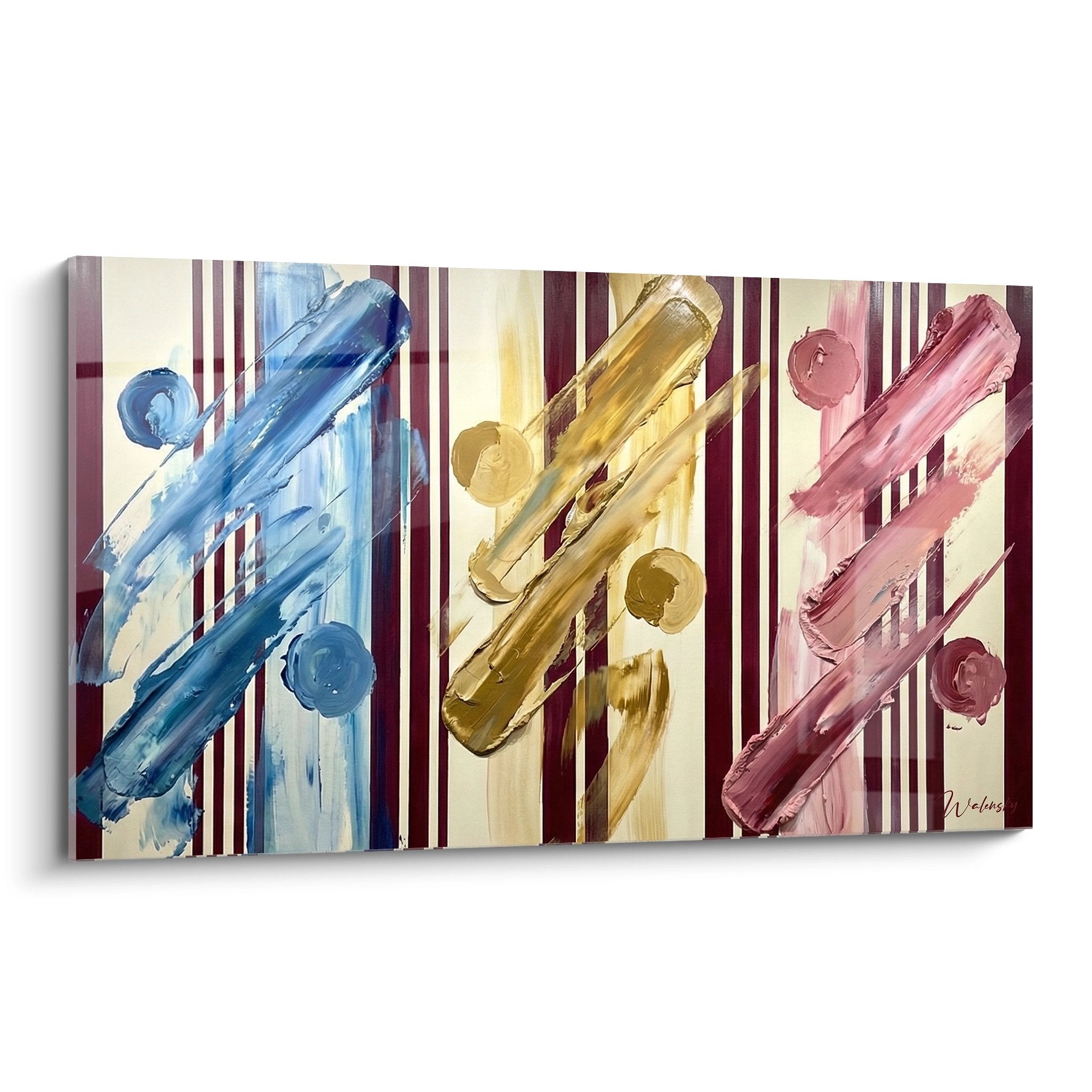 Modern triptych painting depicting stylized bowling pins in blue, gold and pink on a striped background