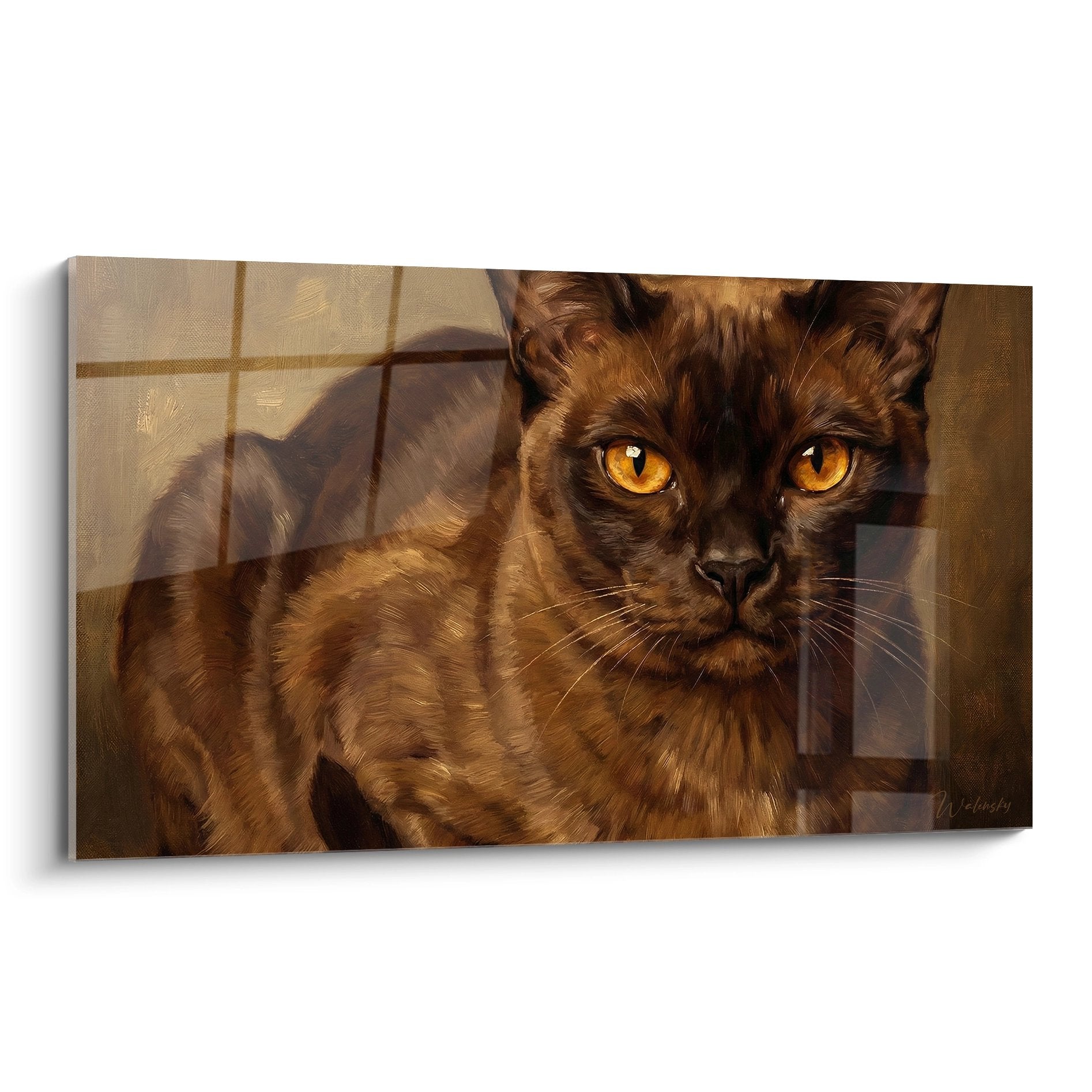Tableau portrait chat Burmese aux yeux dorés, pelage chocolat, regard intense, art mural félin décoratif