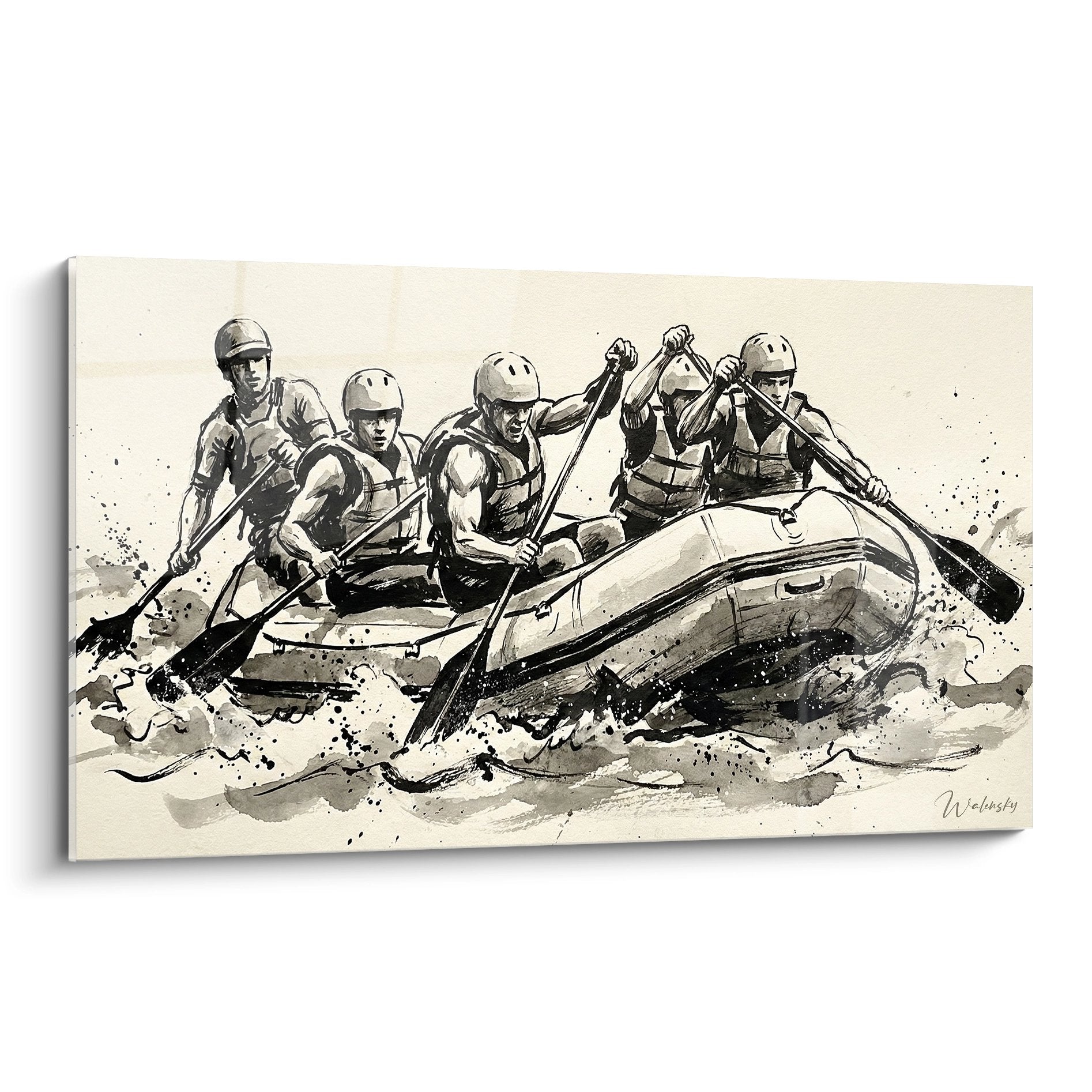Quadro rafting squadra cinque persone azione pagaie caschi giubbotti salvagente imbarcazione pneumatica acque bianche sport nautico