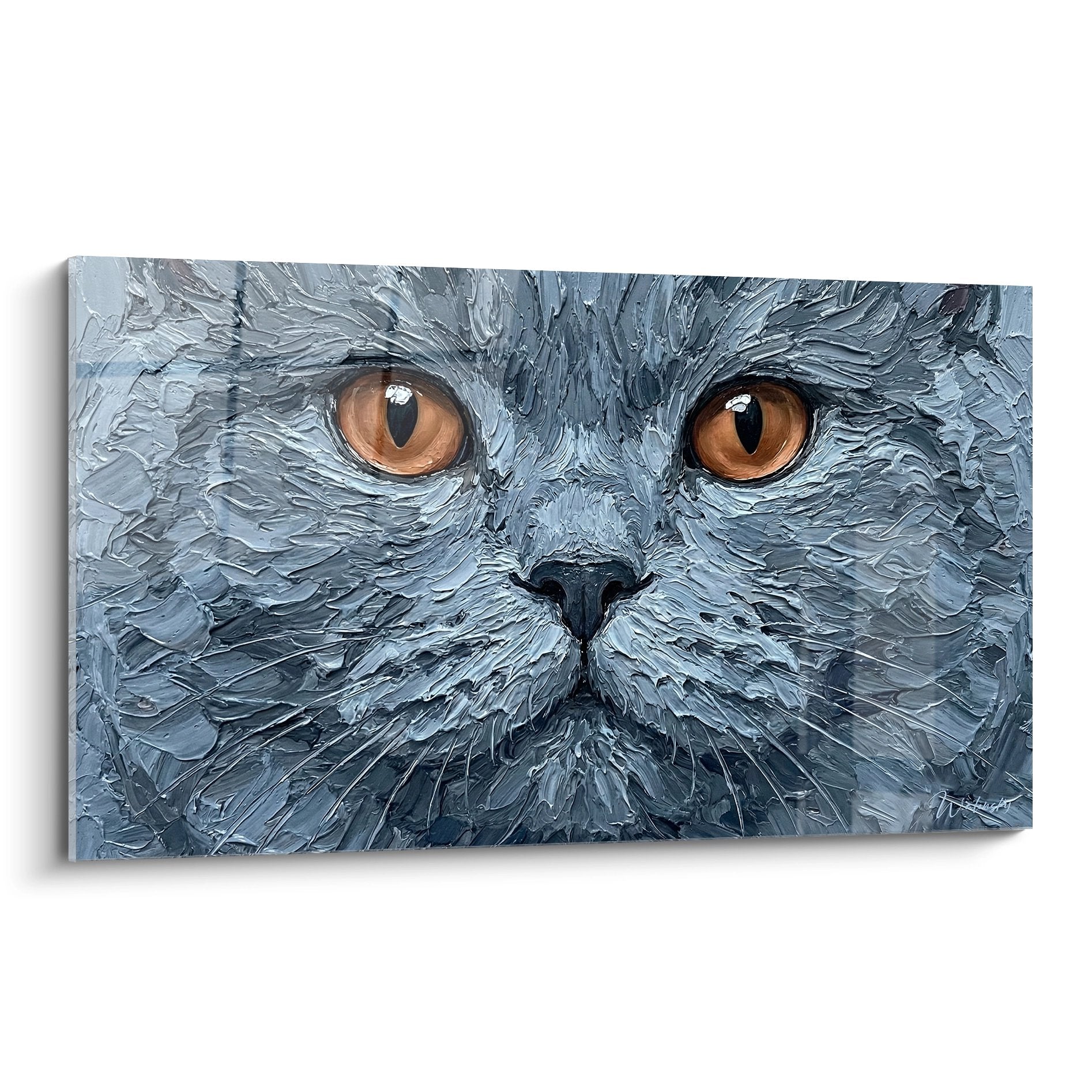 Quadro gatto British Shorthair grigio con occhi ambrati, pittura impasto dettagliata, arte murale felina moderna