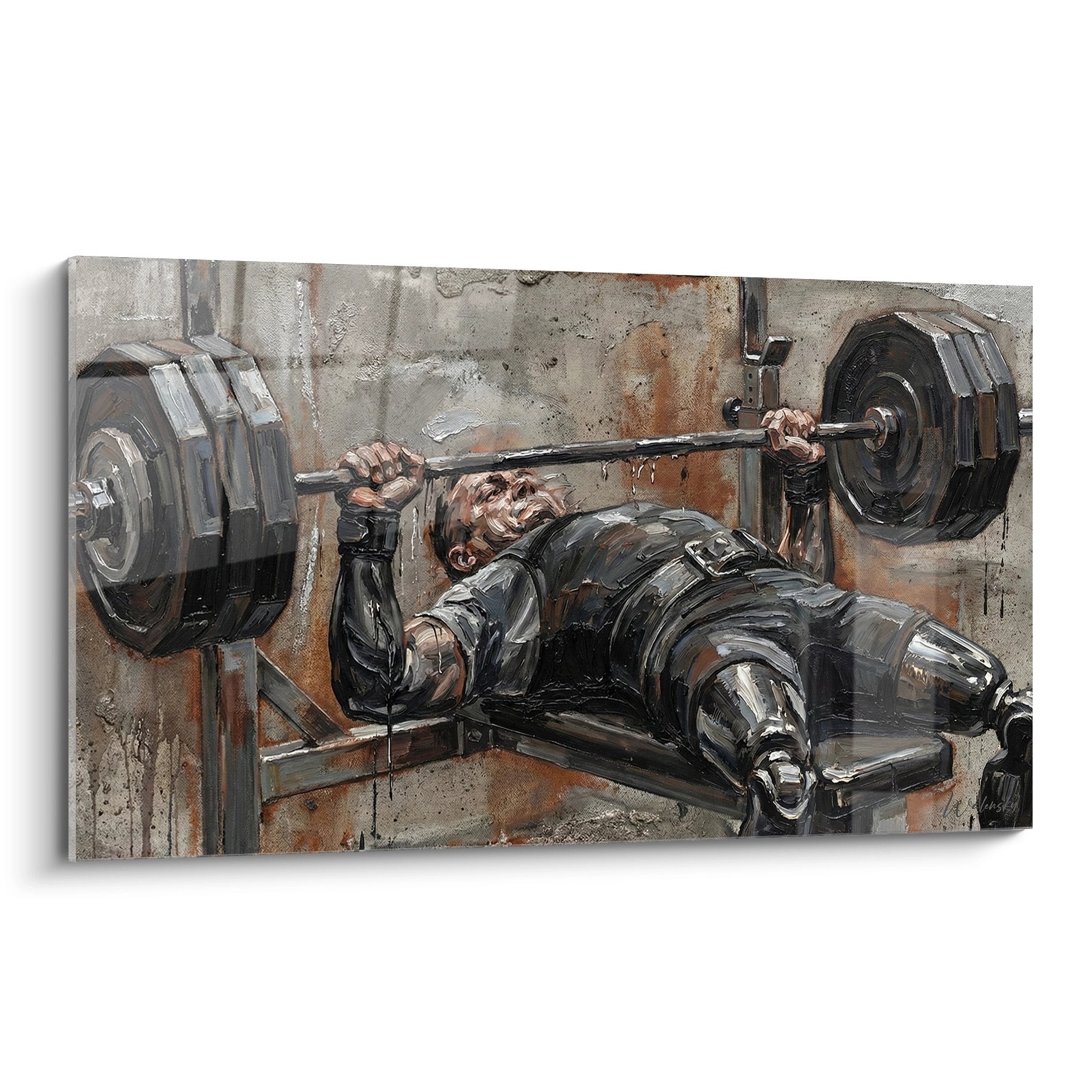 Quadro di un sollevatore paralimpico che solleva i pesi, arte murale sportiva che ispira la determinazione