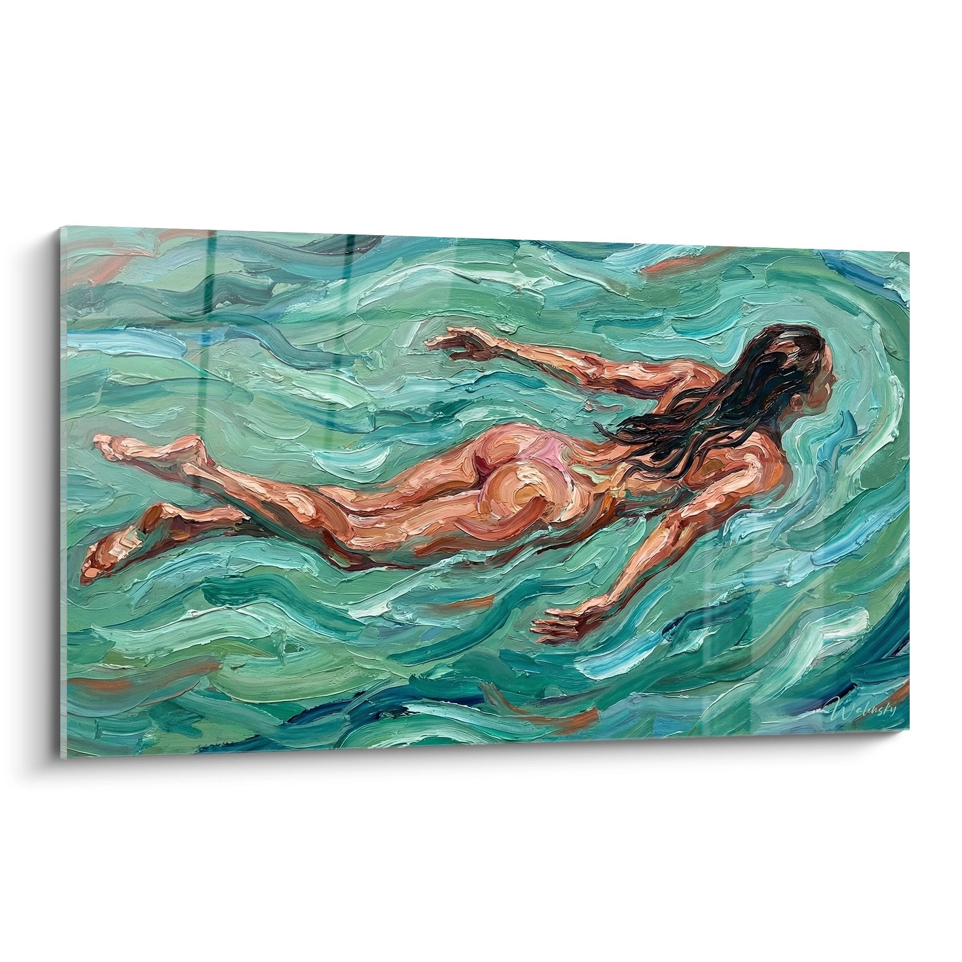 Tableau peinture nageuse flottant dans eau turquoise style expressionniste decoration murale natation