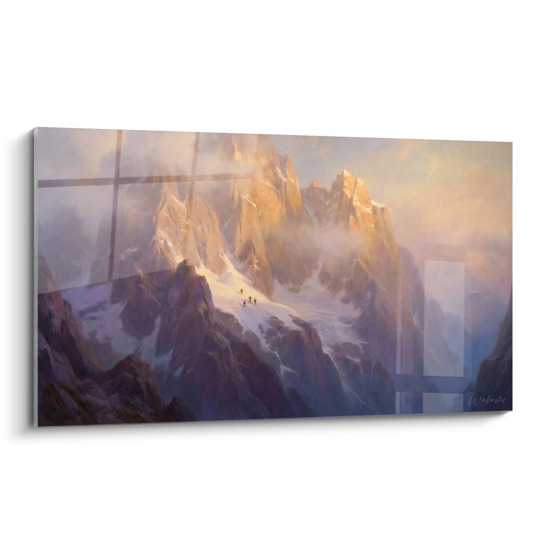 Mountaineering wall art with climbers on golden rocky peaks in morning mist - premium climbing art