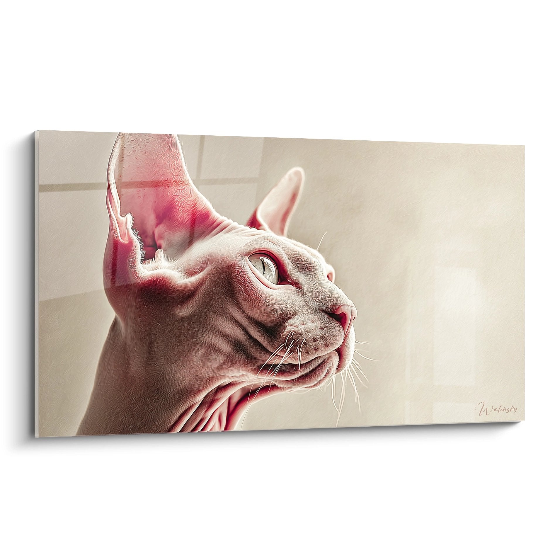 Ritratto artistico di un gatto Sphynx con uno sguardo contemplativo, tonalità rosa e beige, quadro murale decorativo