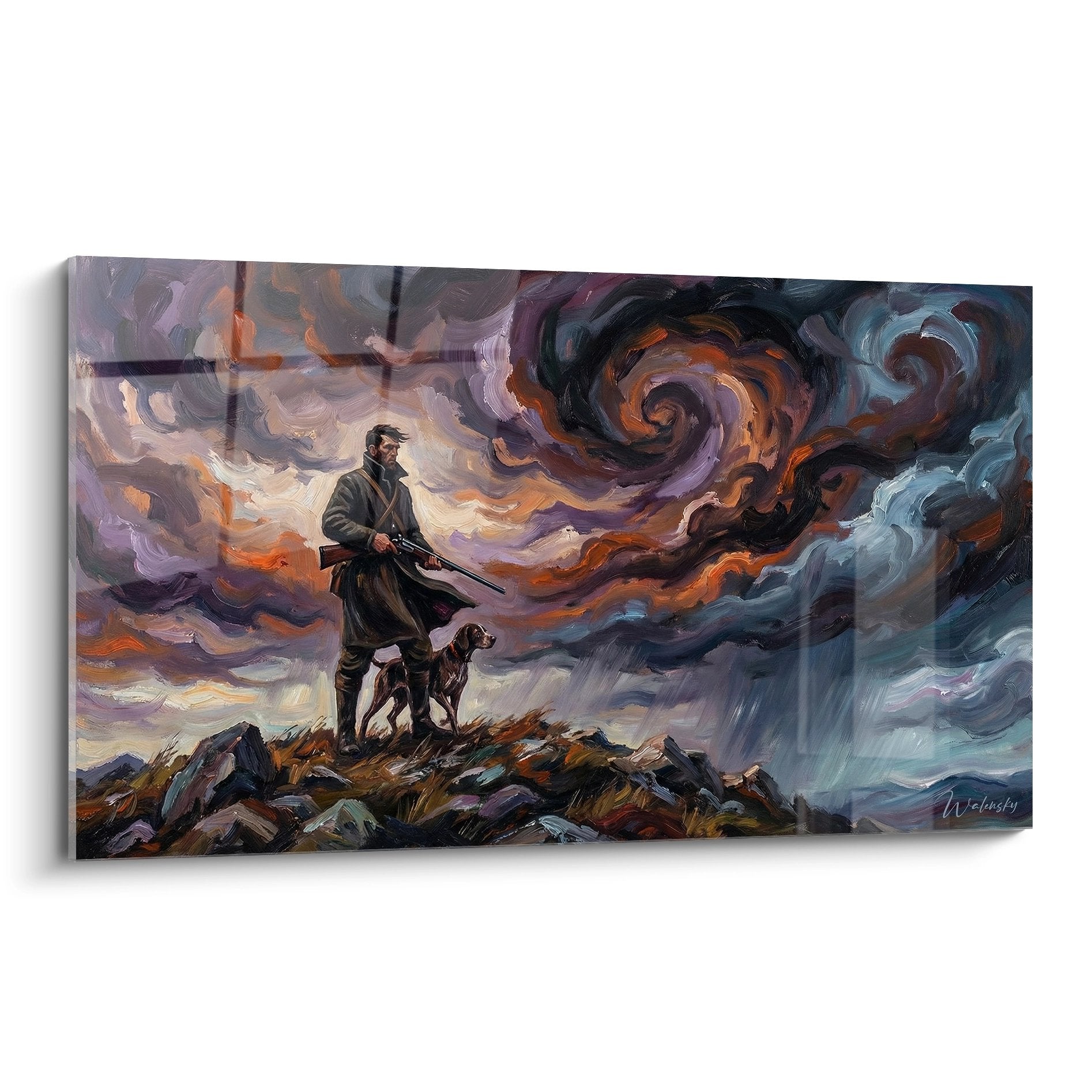 Tableau chasseur avec fusil et chien sous ciel d'orage dans paysage montagneux style peinture romantique chasse