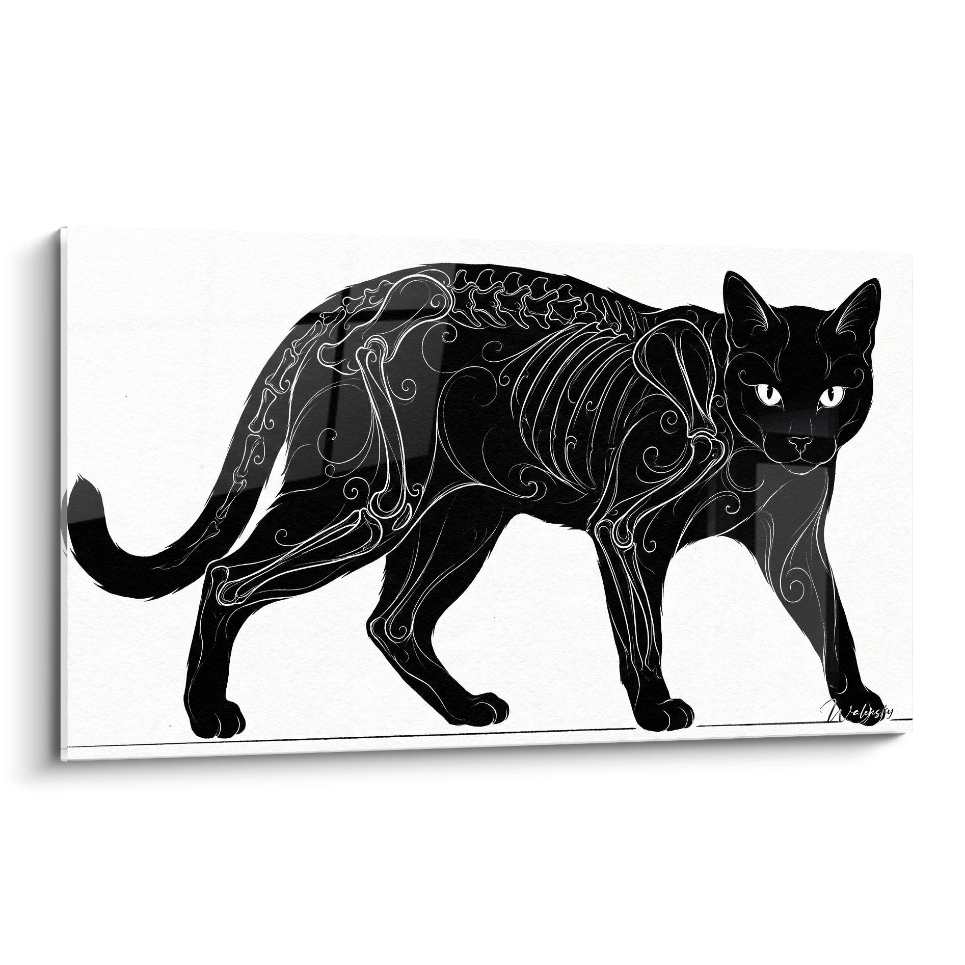 Tableau art mural chat noir Bombay avec ornements decoratifs sophistiques sur fond blanc