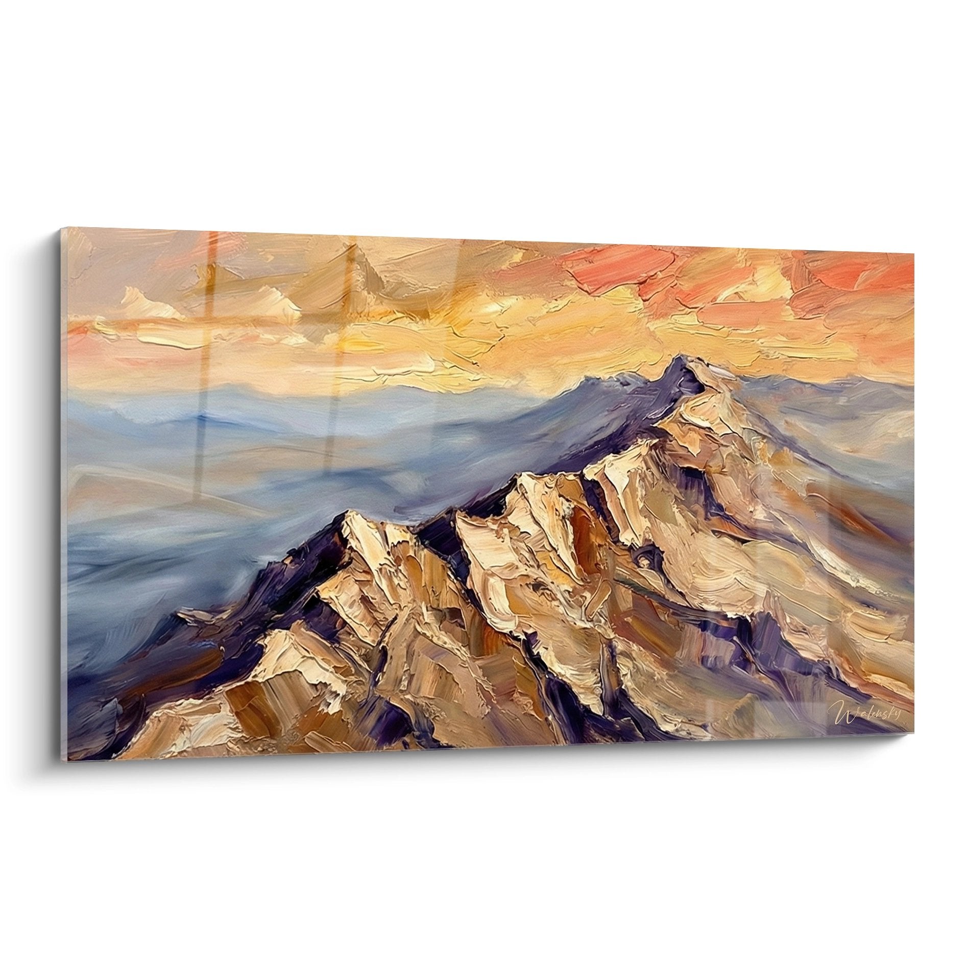 Mountain painting sunset golden orange hues impressionist style textured relief artwork