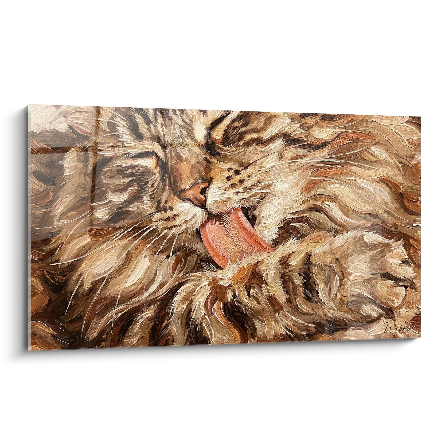 Quadro pittura gatto Ragamuffin addormentato con pelo lungo dorato, arte murale felina per decorazione d'interni