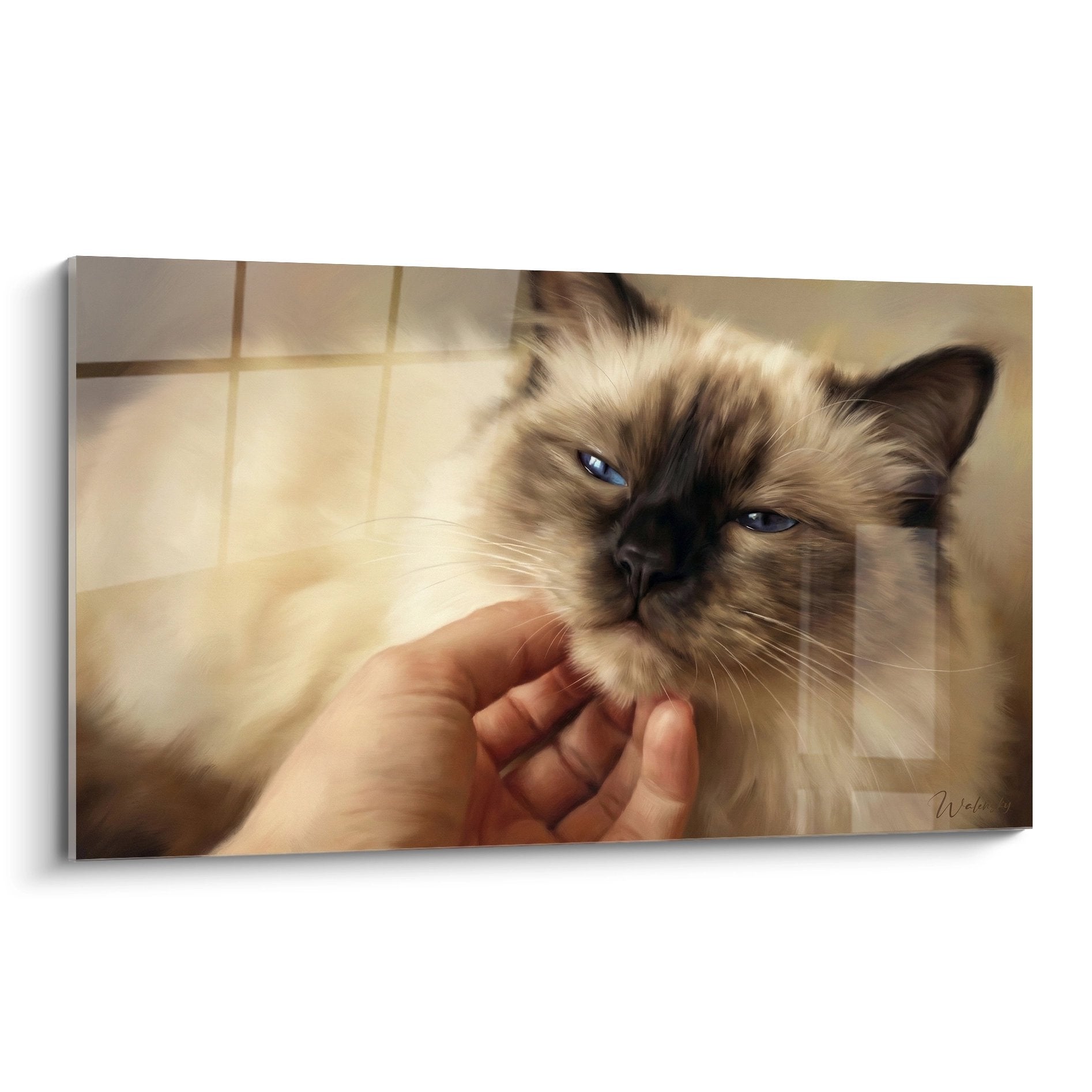 Quadro artistico gatto Birmano occhi blu con mano umana, pittura realistica felina decorativa