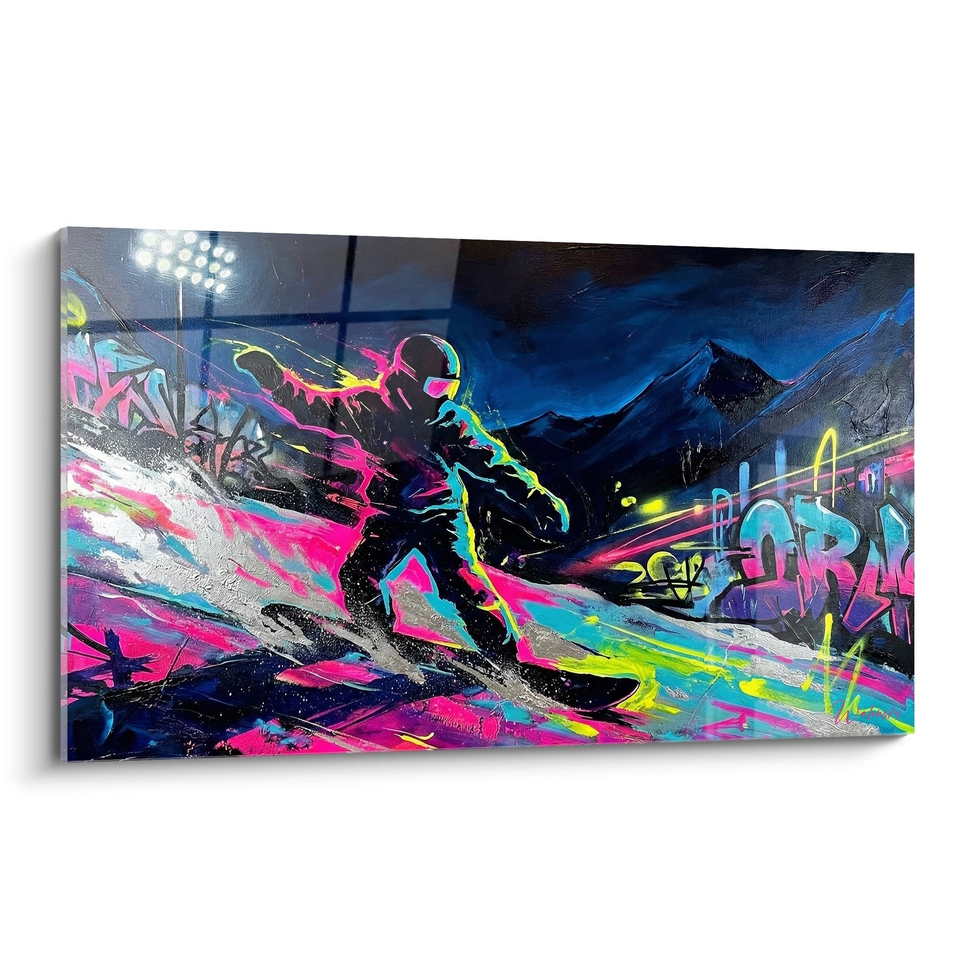 Tableau street art snowboard avec rider neon rose et jaune sur fond montagnard style graffiti urbain