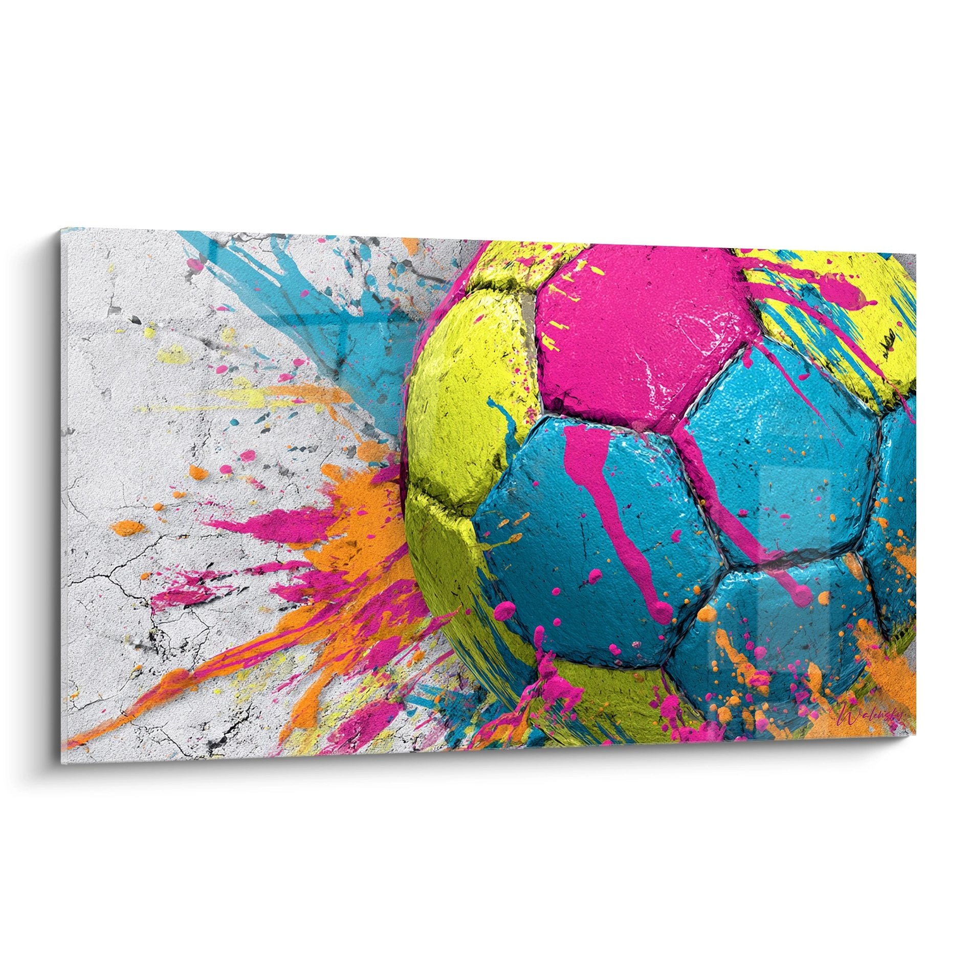 Tableau football artistique avec ballon aux éclaboussures colorées cyan magenta jaune sur fond blanc texturé
