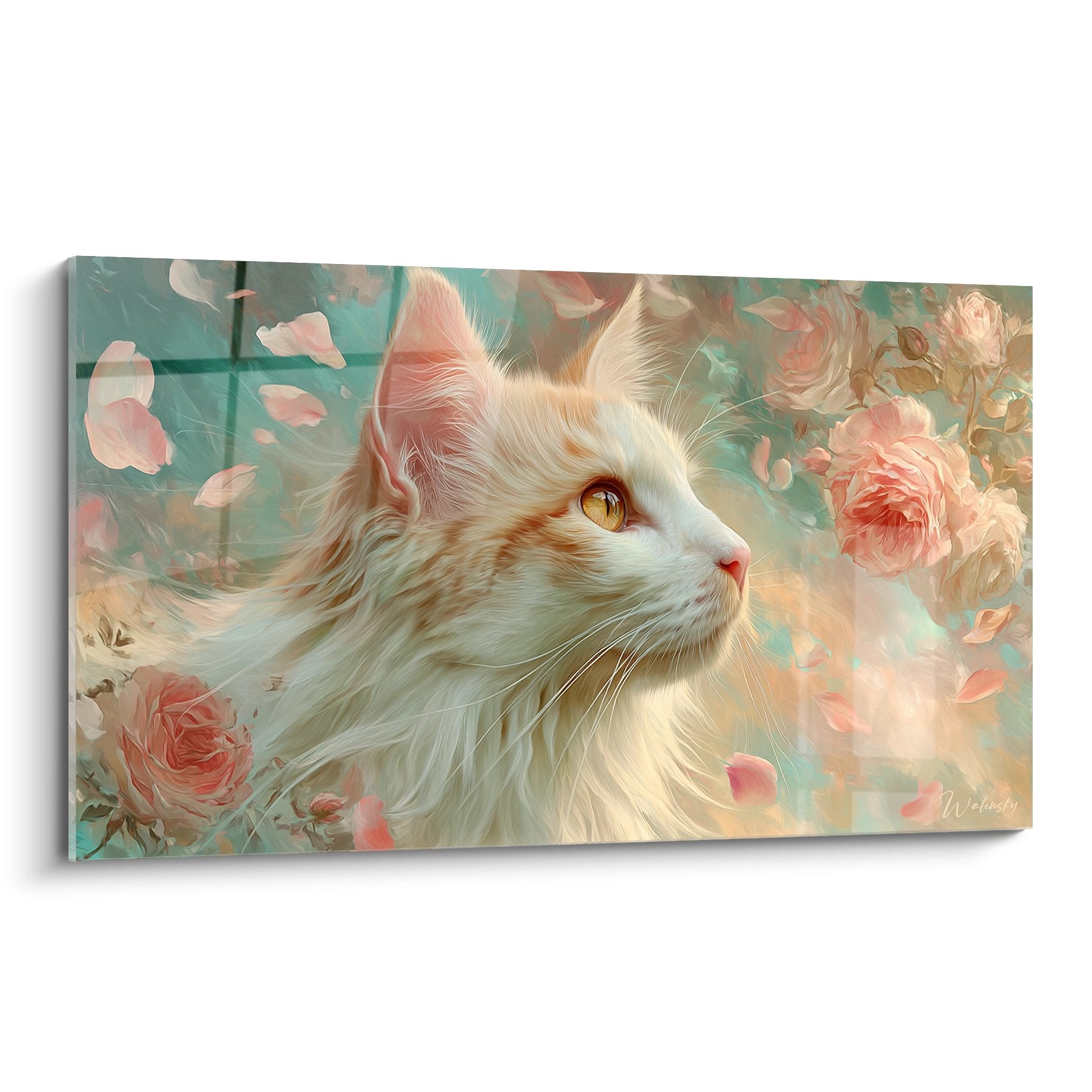 Kunstvolles Gemälde einer weißen Turkish-Angora-Katze mit bernsteinfarbenen Augen, umgeben von rosa Rosen auf pastelltürkisem Hintergrund