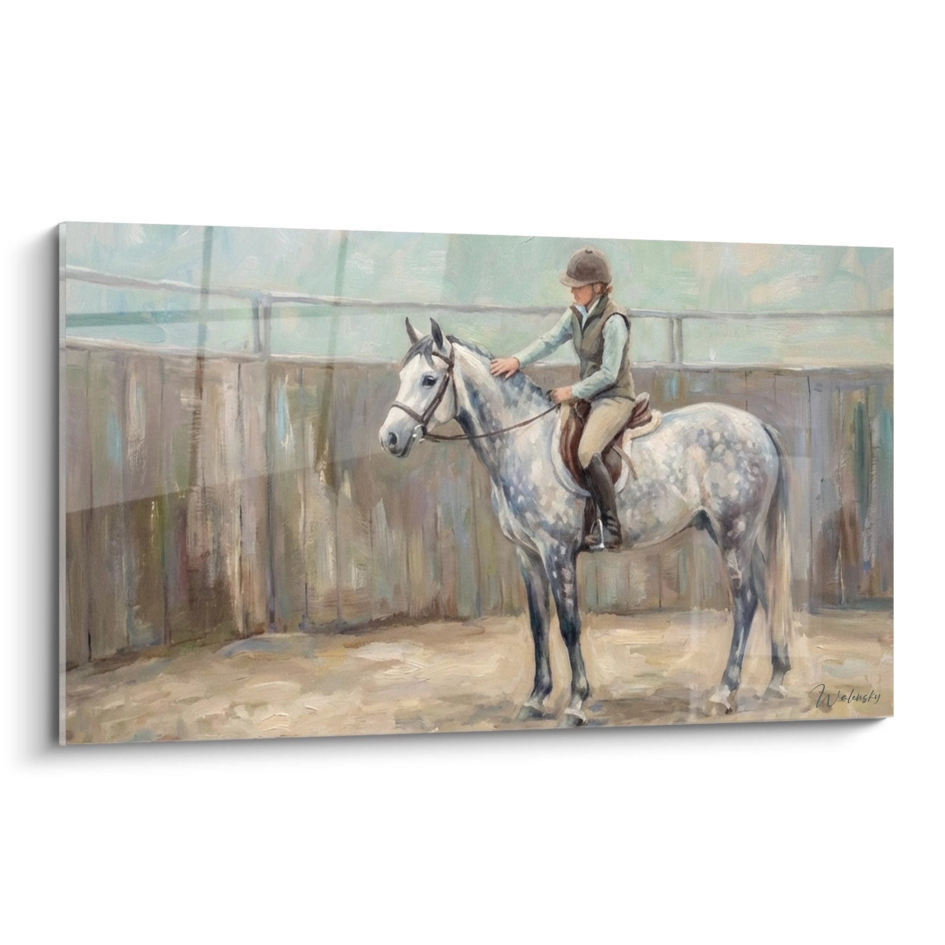 Quadro d'arte murale che raffigura una amazzone che monta un cavallo grigio pomellato in una scuderia di equitazione