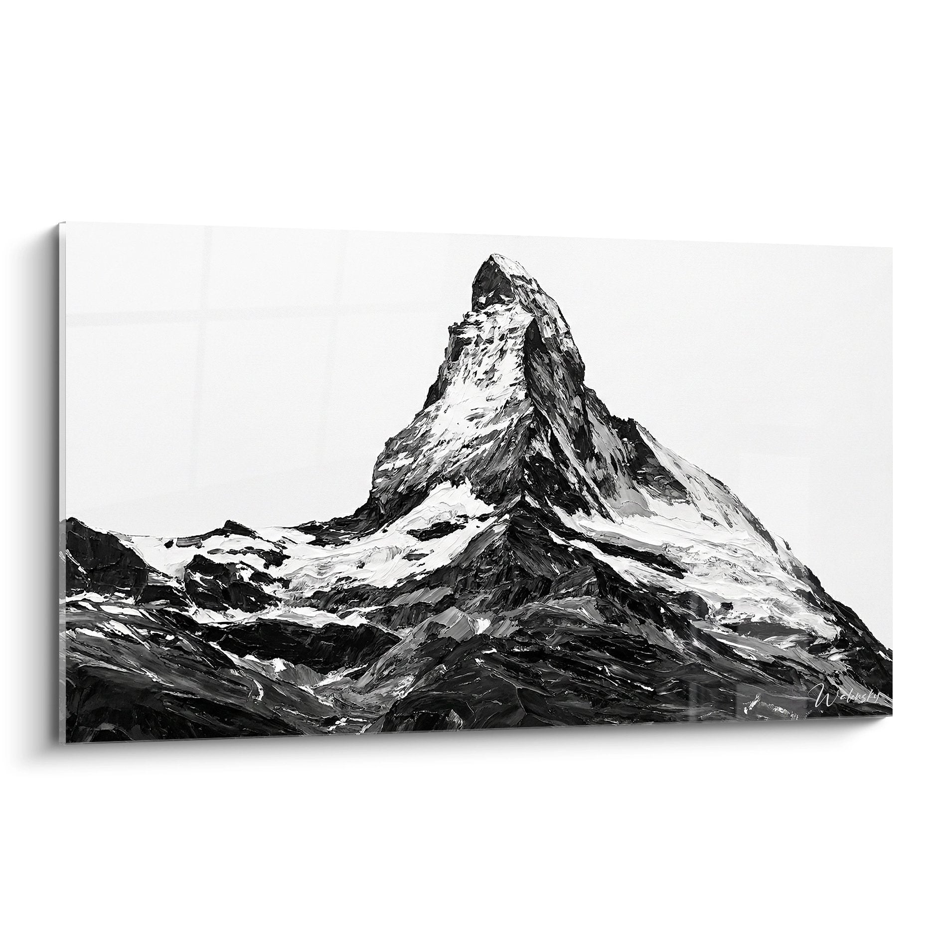 Quadro in bianco e nero del Cervino Matterhorn che mostra la silhouette piramidale emblematica della vetta alpina svizzera