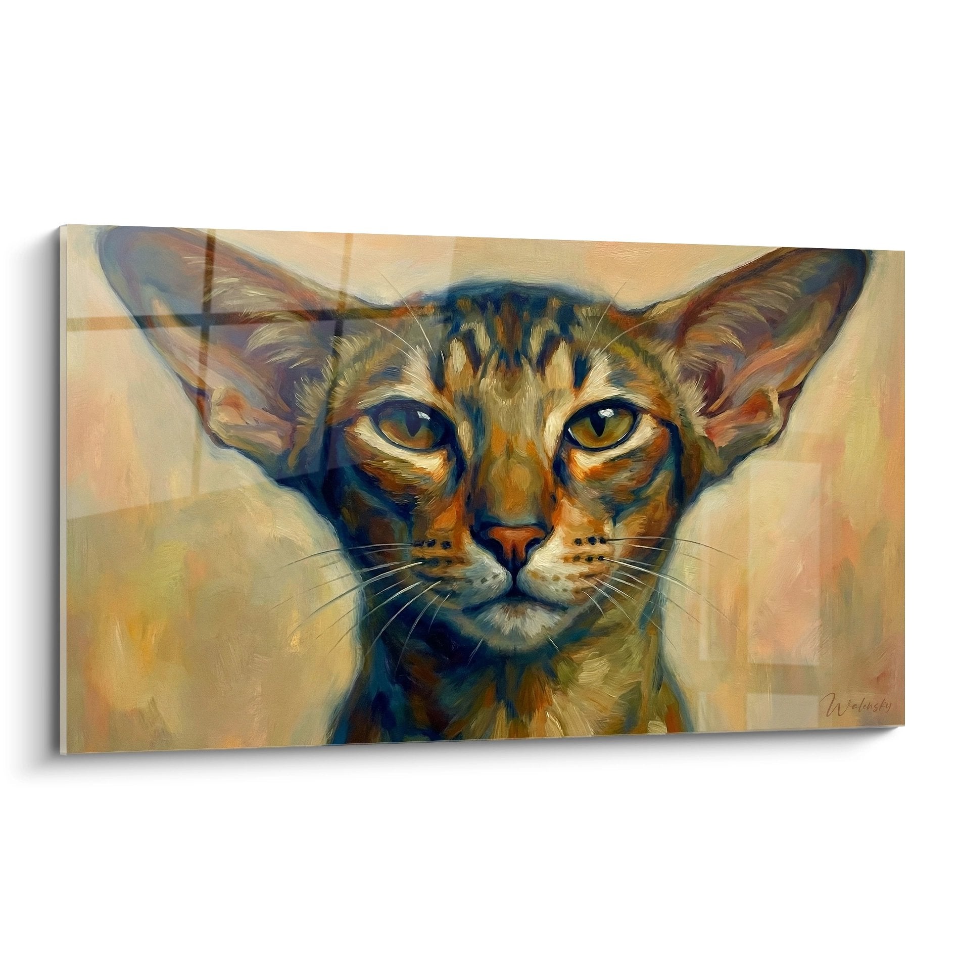 Ritratto artistico di un gatto Oriental Shorthair con occhi dorati, tecnica pittorica impressionista, colori caldi