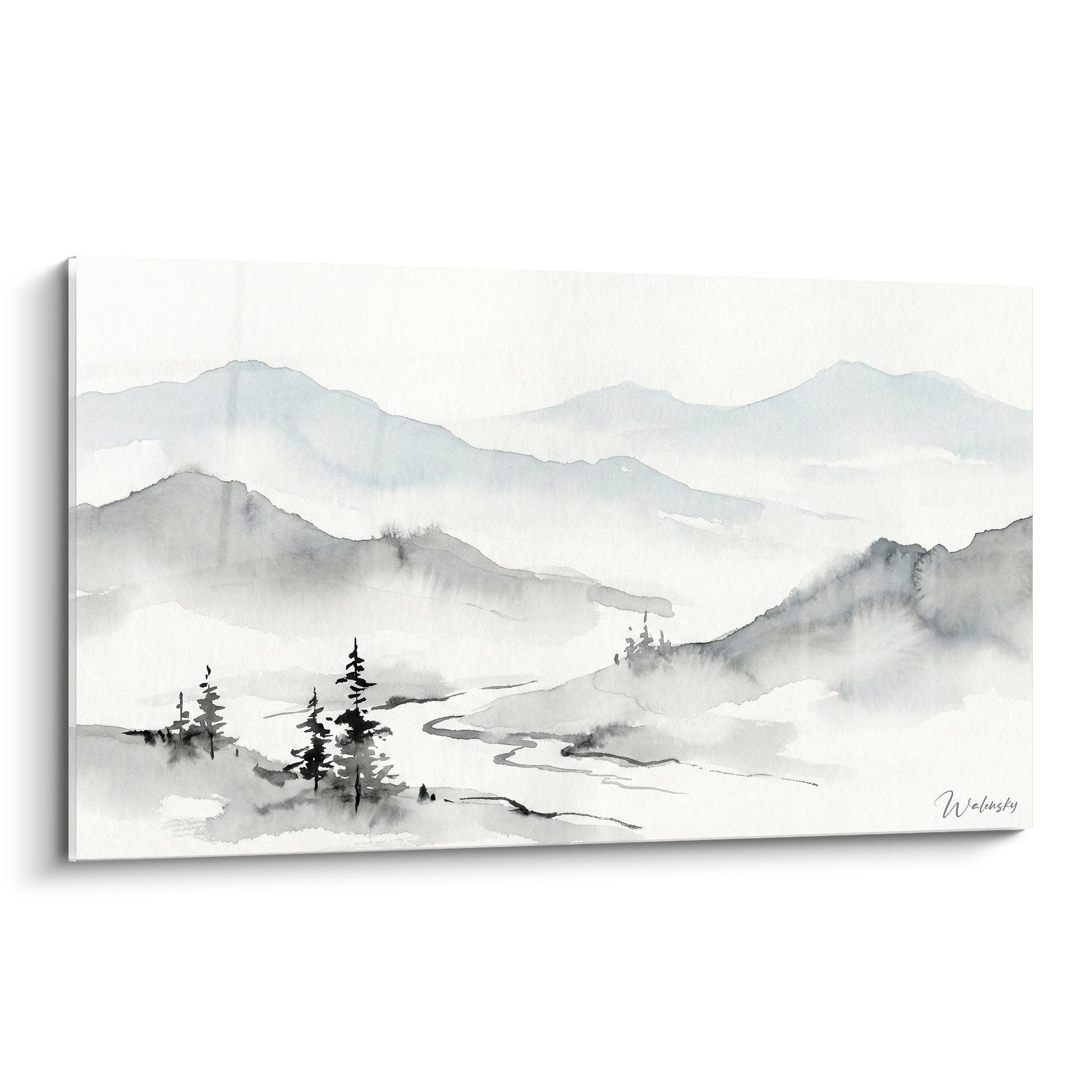 Quadro acquerello paesaggio montano con nebbie e conifere in tonalità grigie - Edizione Le Alpi