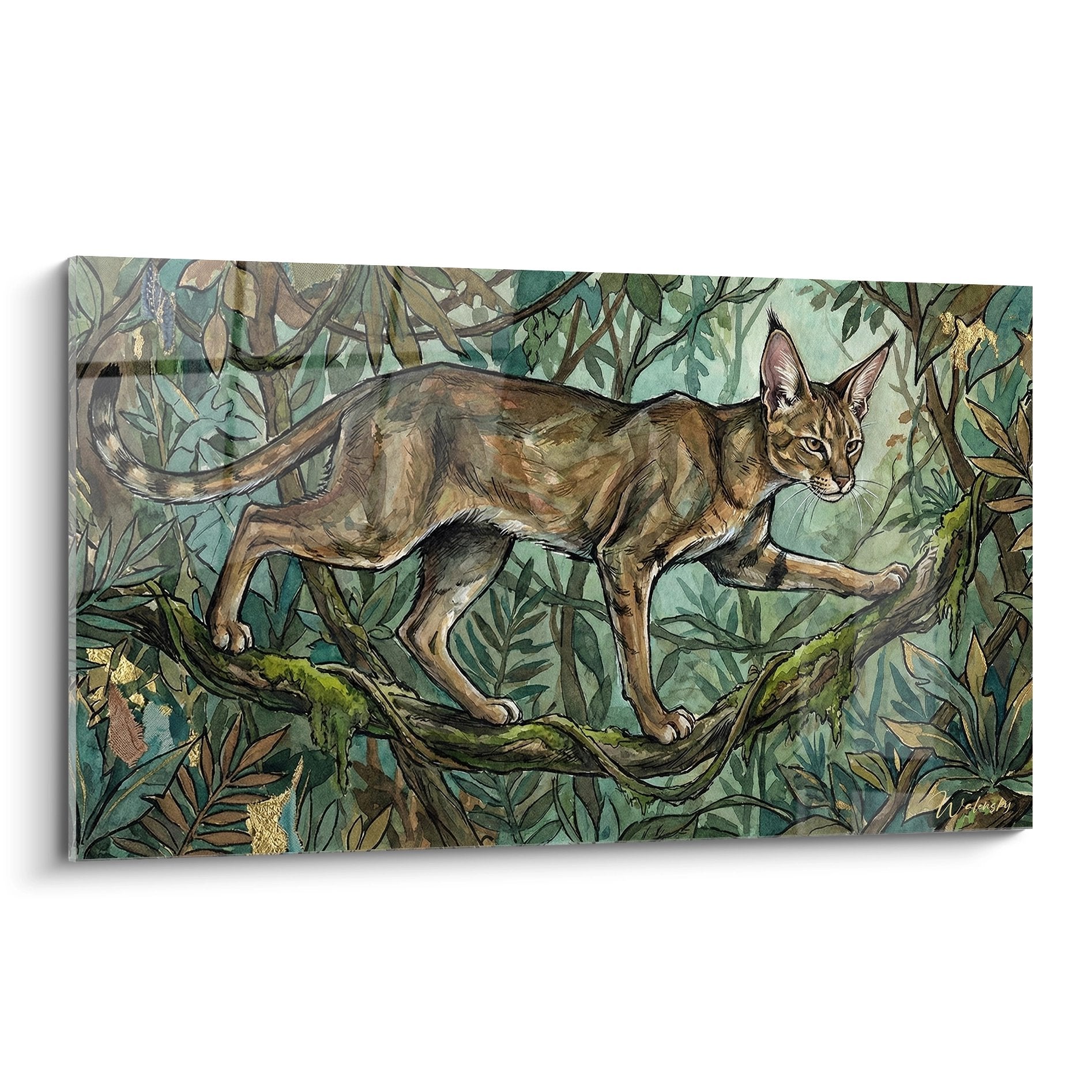 Tableau d'art mural représentant un chat sauvage fauve sur une branche dans une jungle tropicale luxuriante