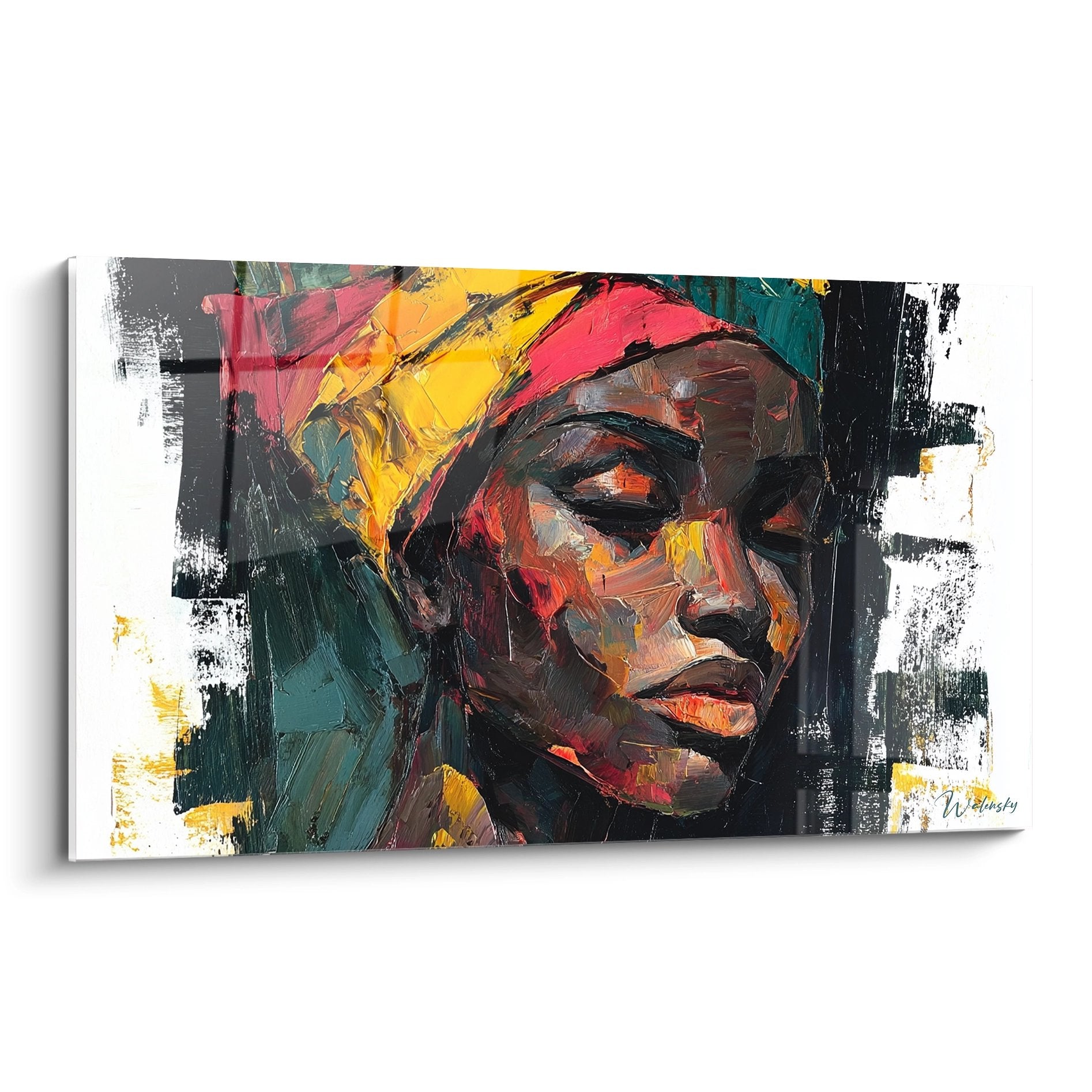 Expressionistisches Porträt einer afrikanischen Frau in lebendigen Gelb-, Rot- und Blautönen auf moderner Leinwand