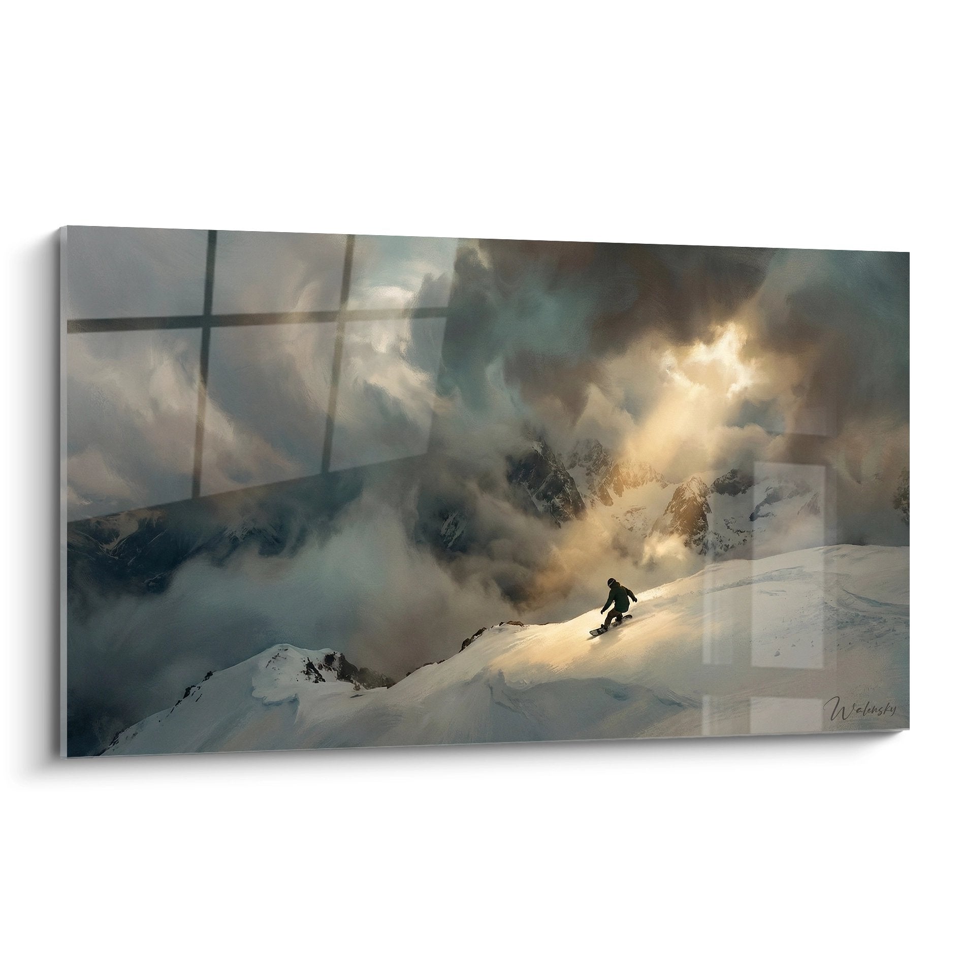 Tableau snowboard montagne avec rider en descente sur pente enneigee et nuages dramatiques dores