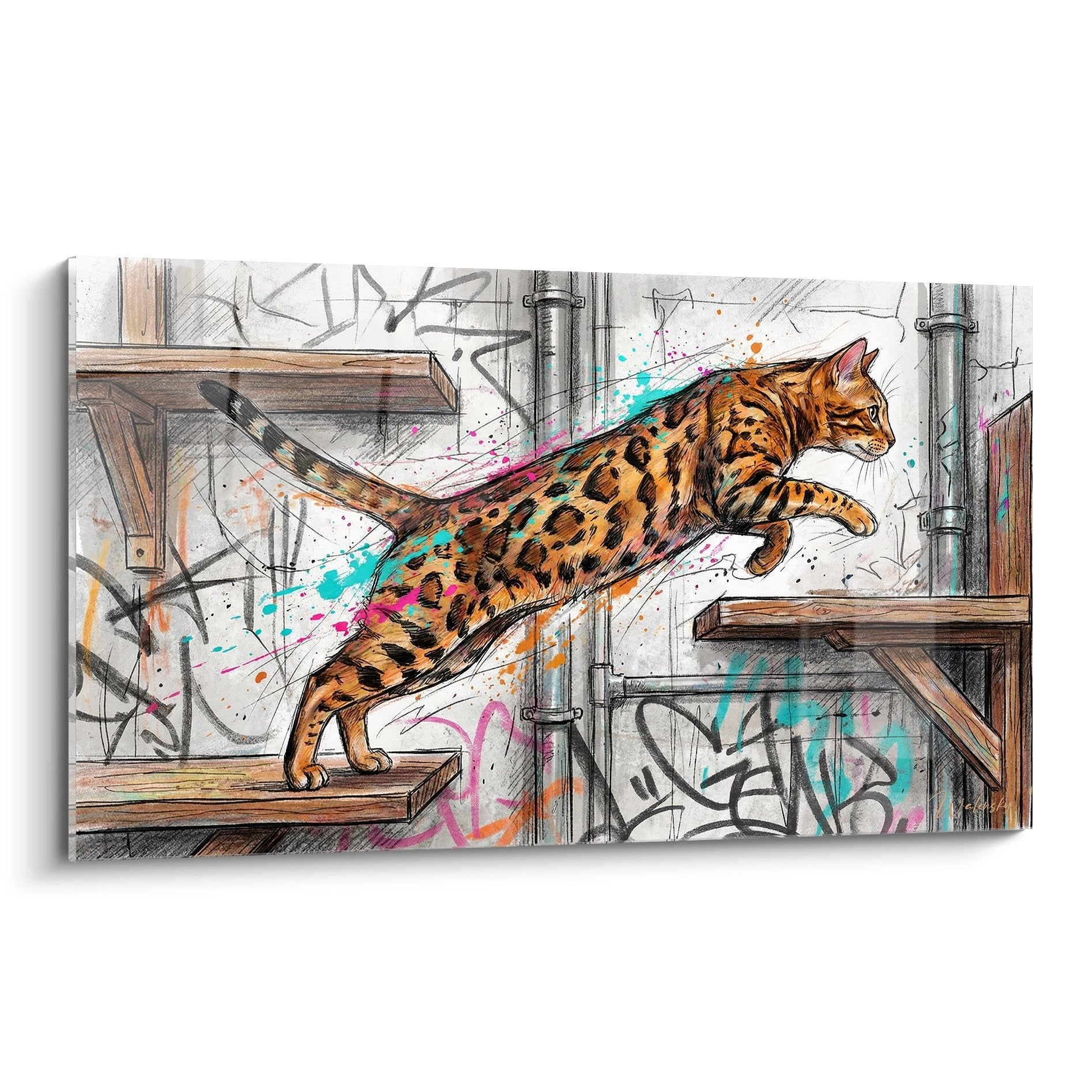 Tableau chat Bengal sautant dans environnement urbain avec graffitis colorés, art moderne mural