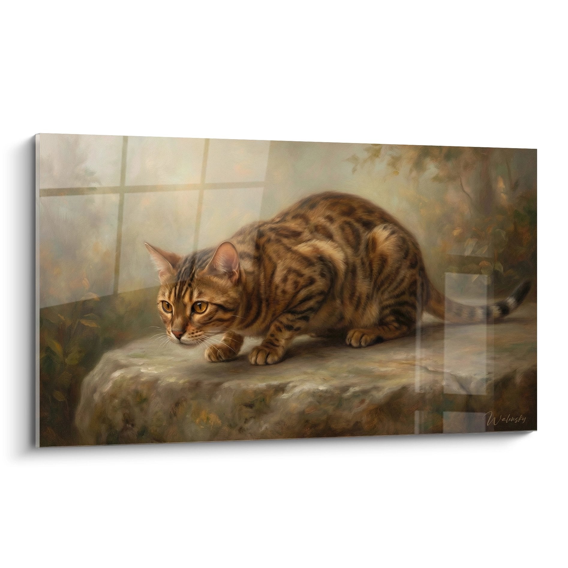 Tableau peinture chat Bengal assis sur rebord pierre fenêtre lumière naturelle dorée réaliste art félin
