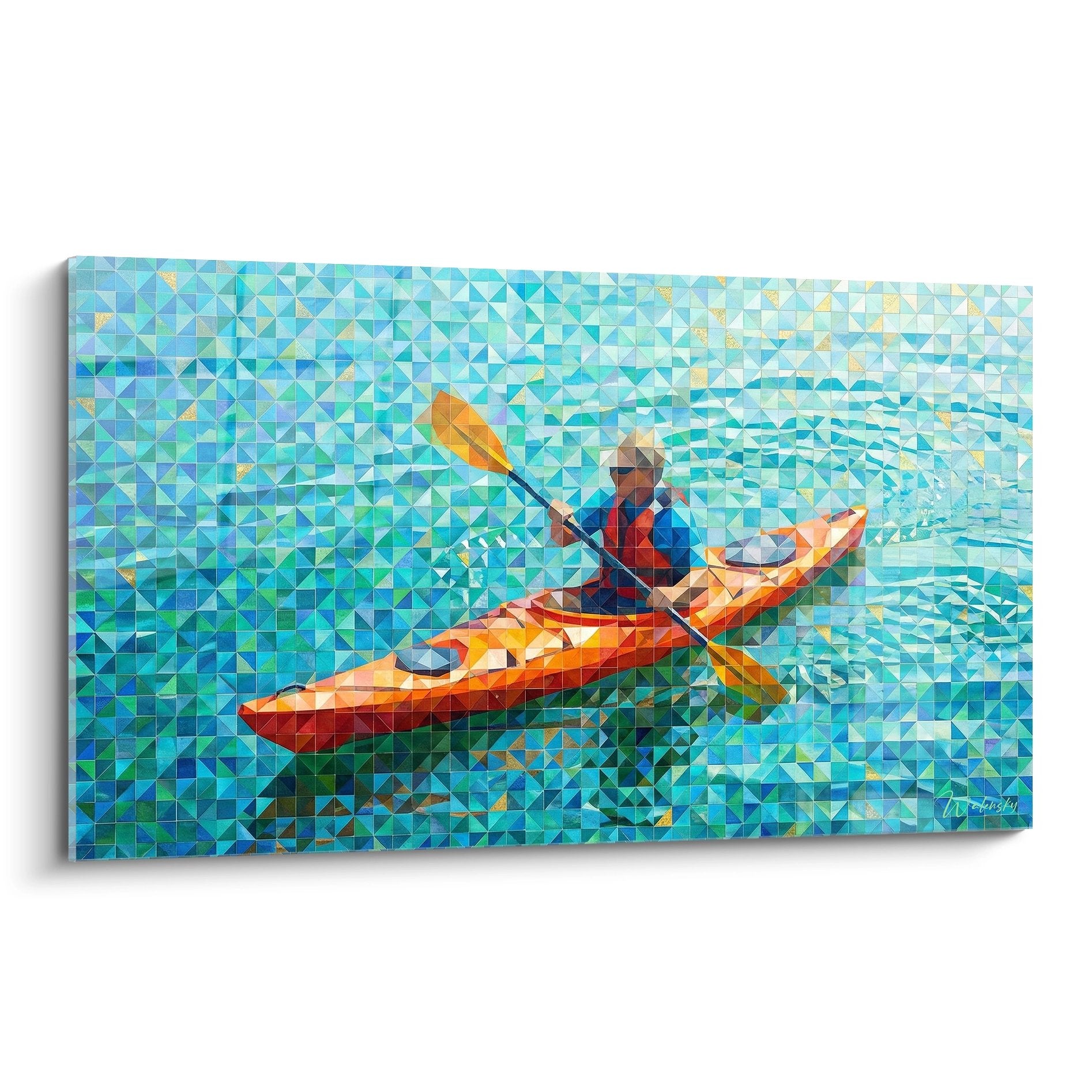 Tableau kayak géométrique style mosaïque avec pagayeur en kayak orange sur eau bleue turquoise