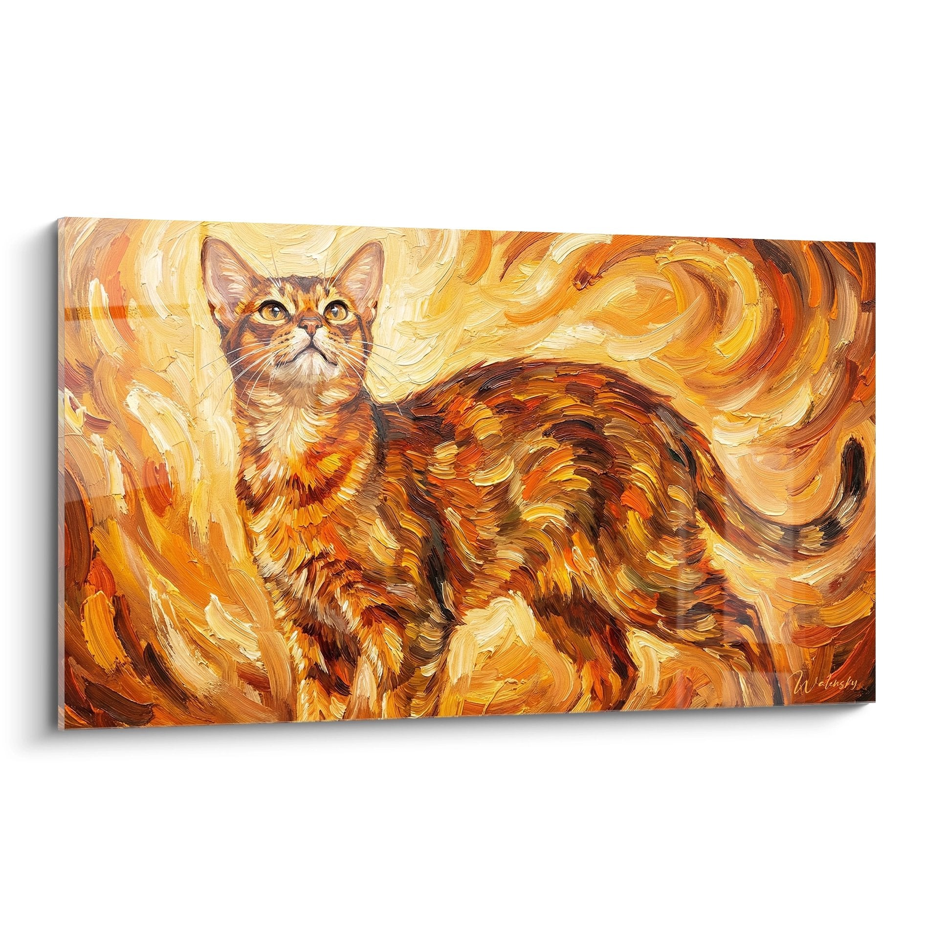 Quadro artistico gatto abissino con colori caldi e vortici dorati in stile pittura decorativa da parete
