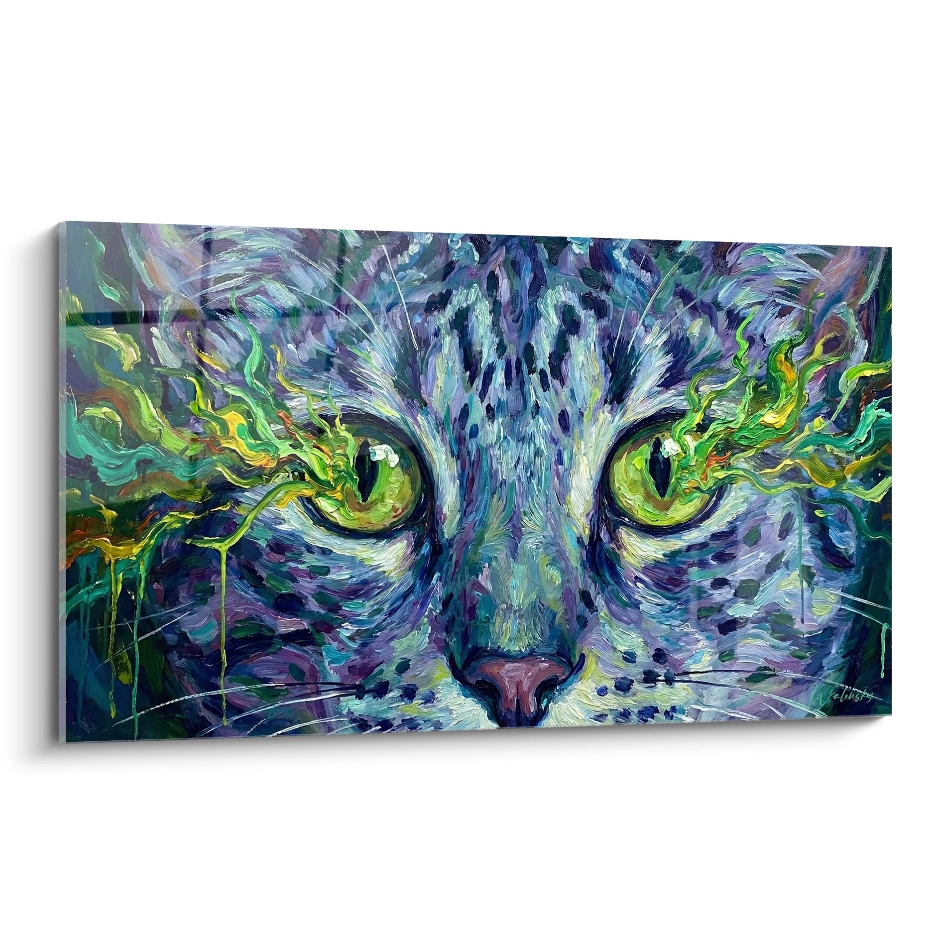 Psychedelic Egyptian Mau cat painting with green eyes and colorful swirling patterns