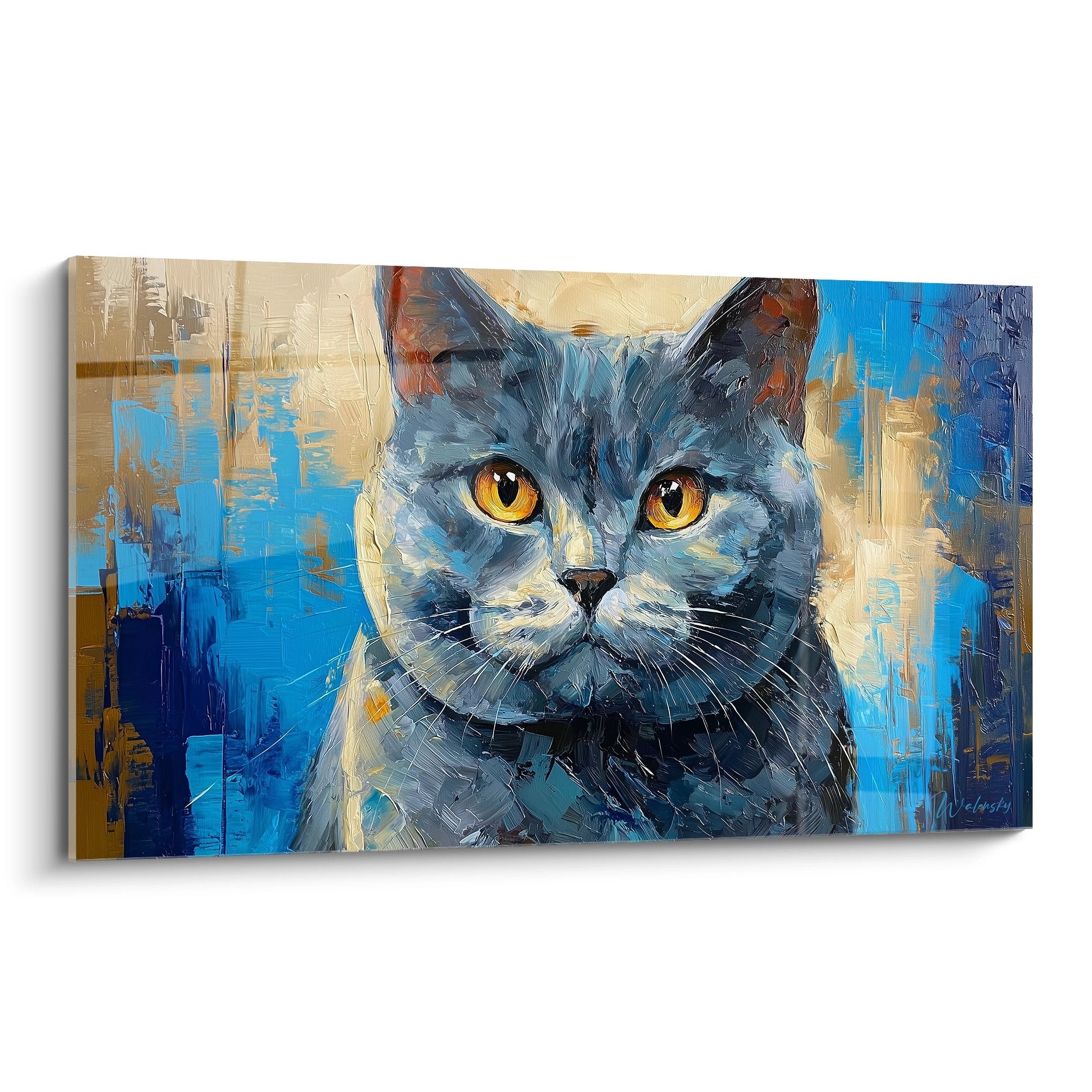 Tableau moderne d'un chat Chartreux aux yeux dorés sur fond bleu abstrait, peinture expressionniste féline
