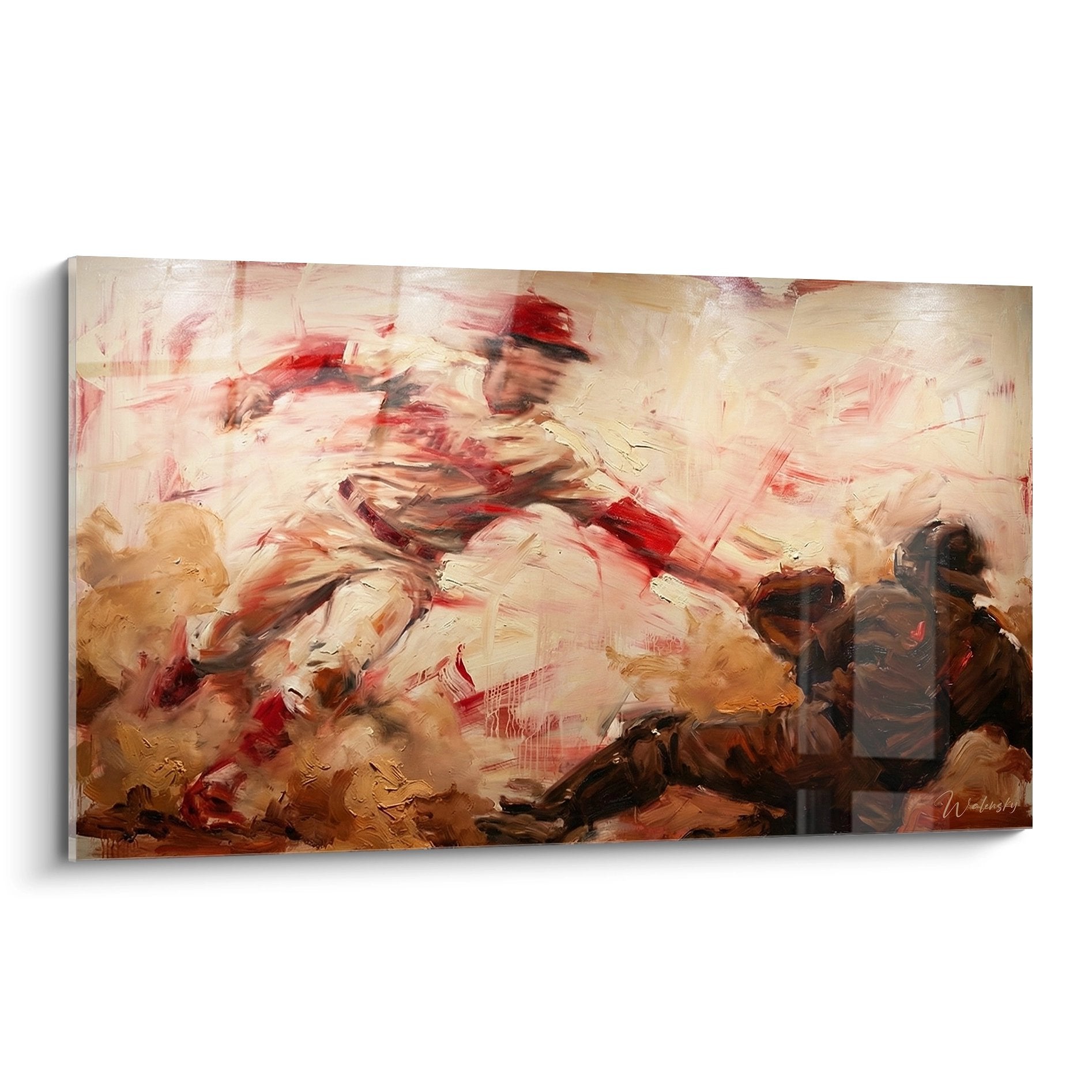 Tableau baseball joueur en action peinture abstraite rouge et ocre decoration murale sport