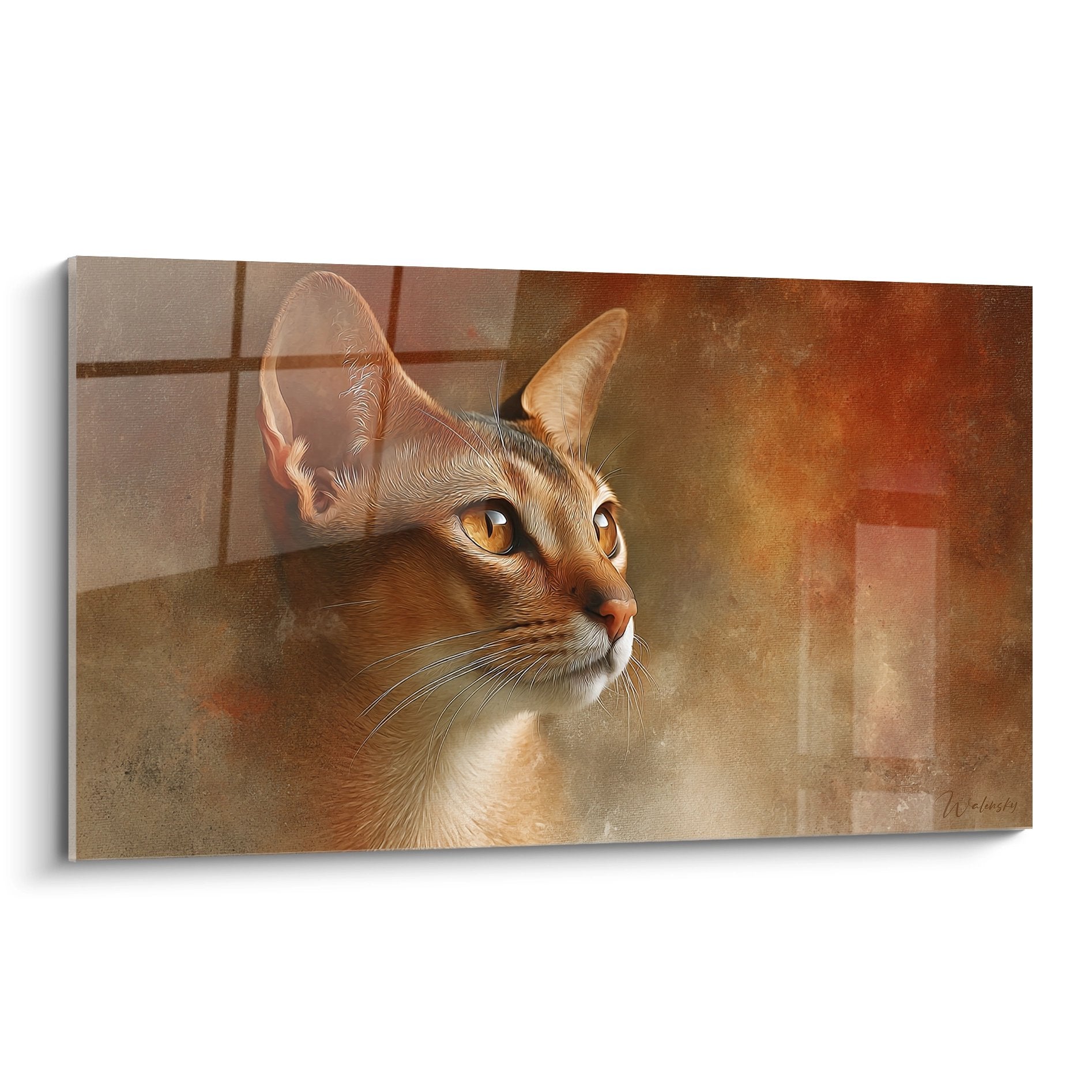 Tableau portrait chat Singapura aux yeux ambrés sur fond doré, art mural félin décoratif pour intérieur moderne