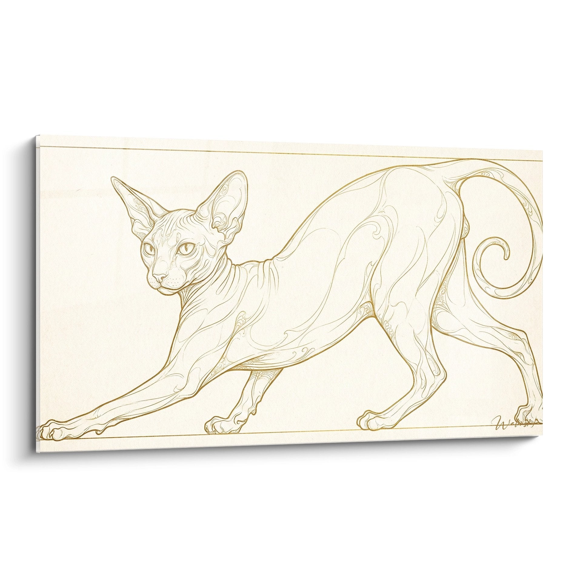 Wandbild, das eine sich bewegende Sphinx-Katze darstellt, gezeichnet im goldenen Skizzenstil auf cremefarbenem Hintergrund