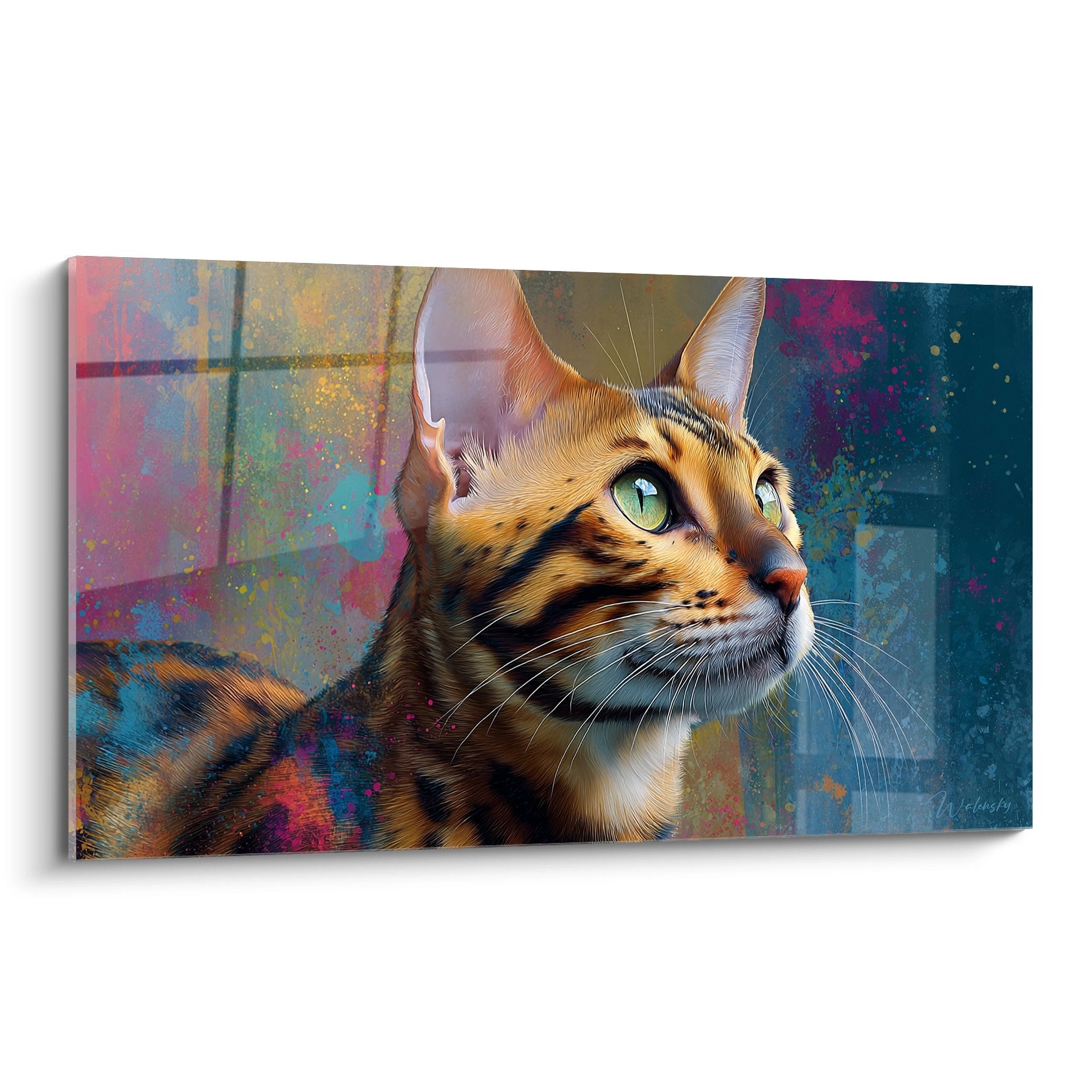 Tableau mural chat Bengal aux yeux verts sur fond artistique coloré, décoration moderne pour intérieur contemporain