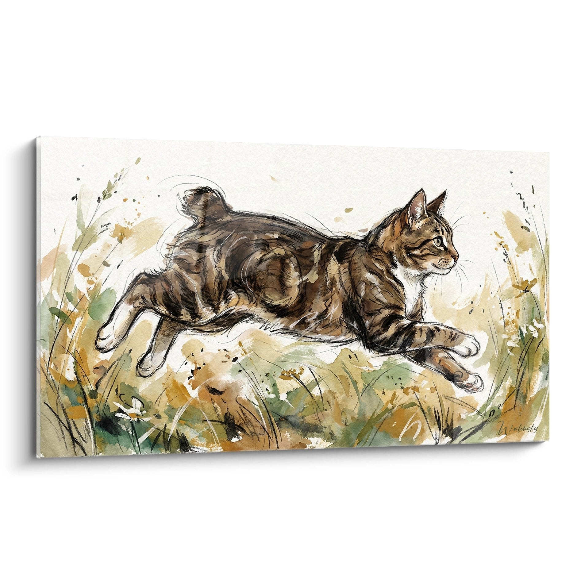 Dipinto acquerello gatto Manx che salta nell'erba con stile artistico espressivo toni ocra e marrone