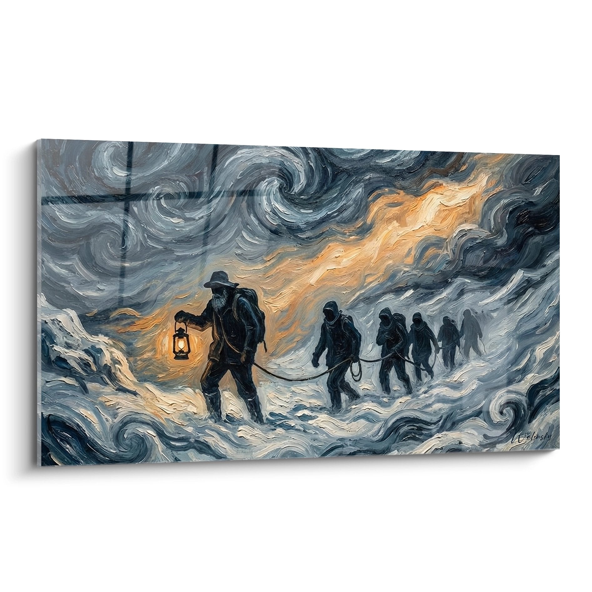 Quadro alpinisti nella tempesta di neve con lanterna, spedizione eroica nelle Alpi, stile artistico espressionista