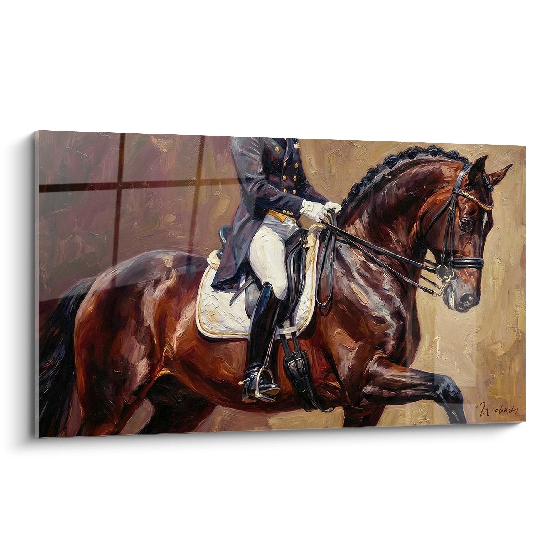 Dressage equestrian painting showing uniformed rider on bay horse performing collected movement