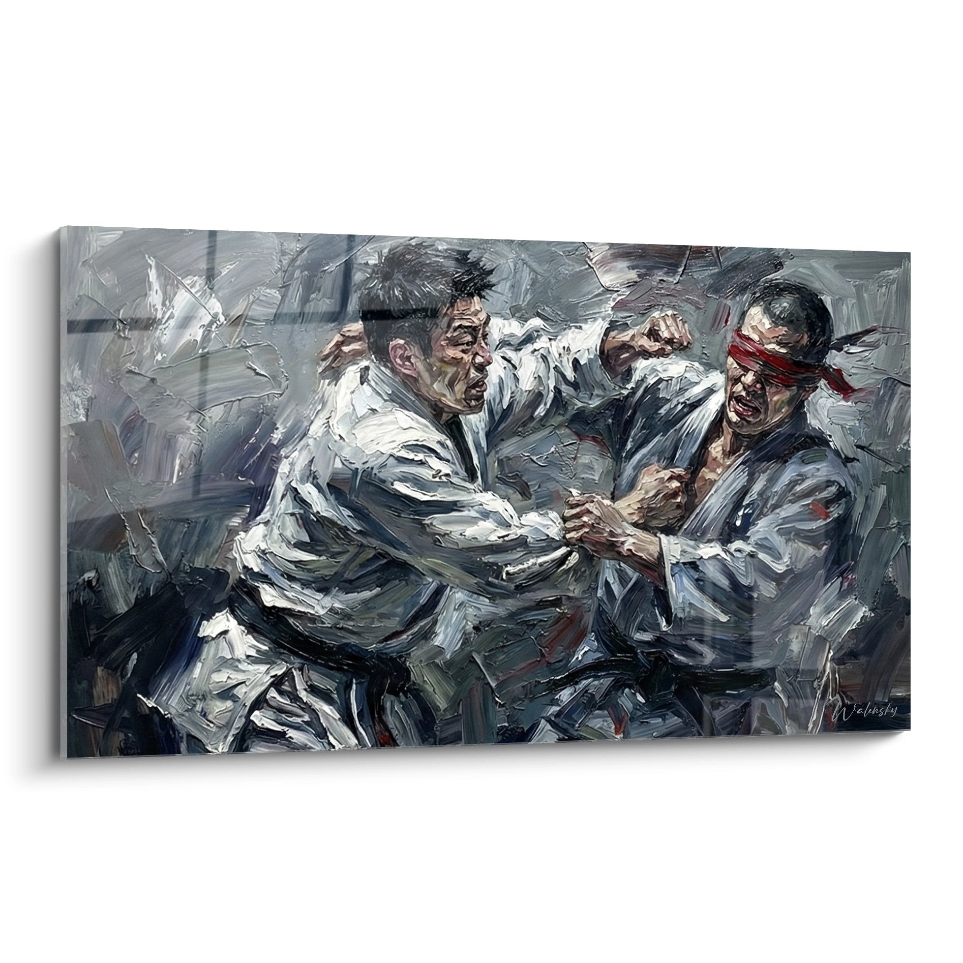 Tableau moderne representant un combat d arts martiaux entre athletes paralympiques en tons gris et blanc