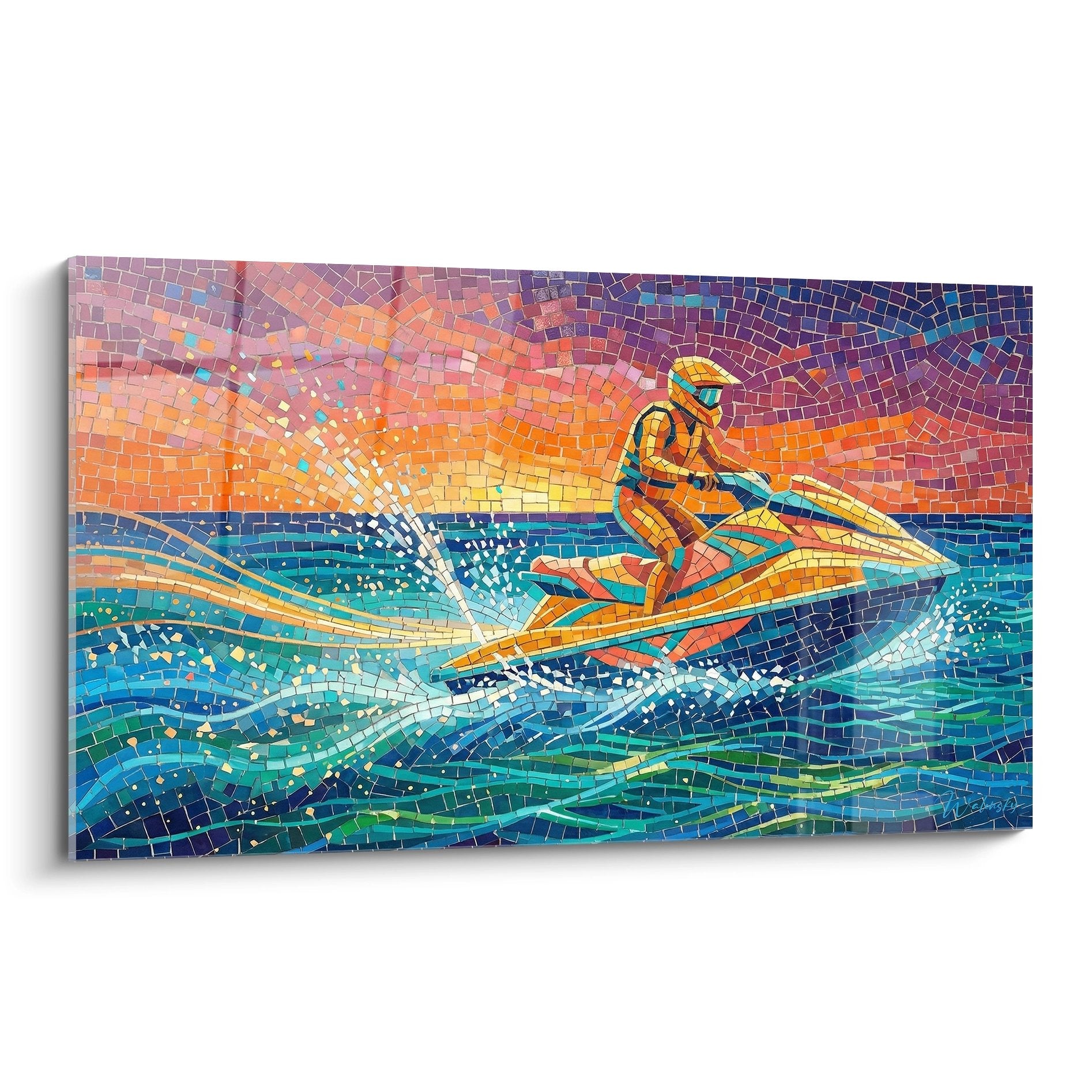 Tableau mosaïque colorée représentant un pilote de jetski sur des vagues au coucher de soleil avec éclaboussures
