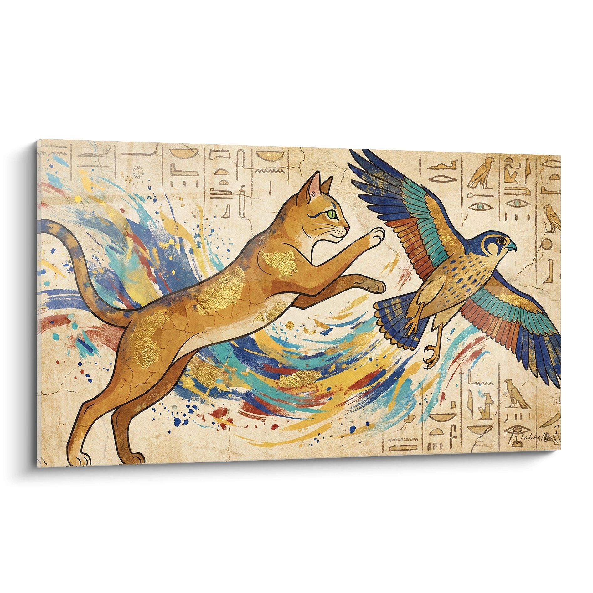 Quadro gatto Egyptian Mau dorato con falco ad ali spiegate su sfondo geroglifici egiziani papiro antico