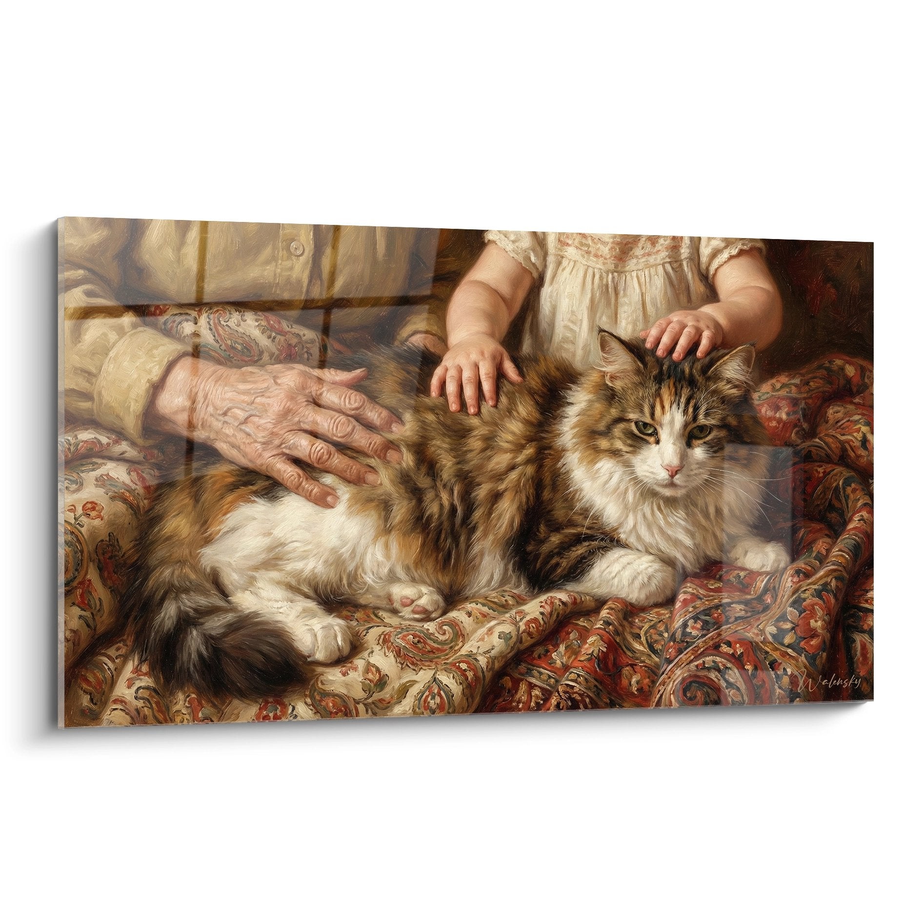 Quadro che rappresenta un gatto Ragamuffin dal mantello marrone e bianco accarezzato dalle mani di un adulto e di un bambino