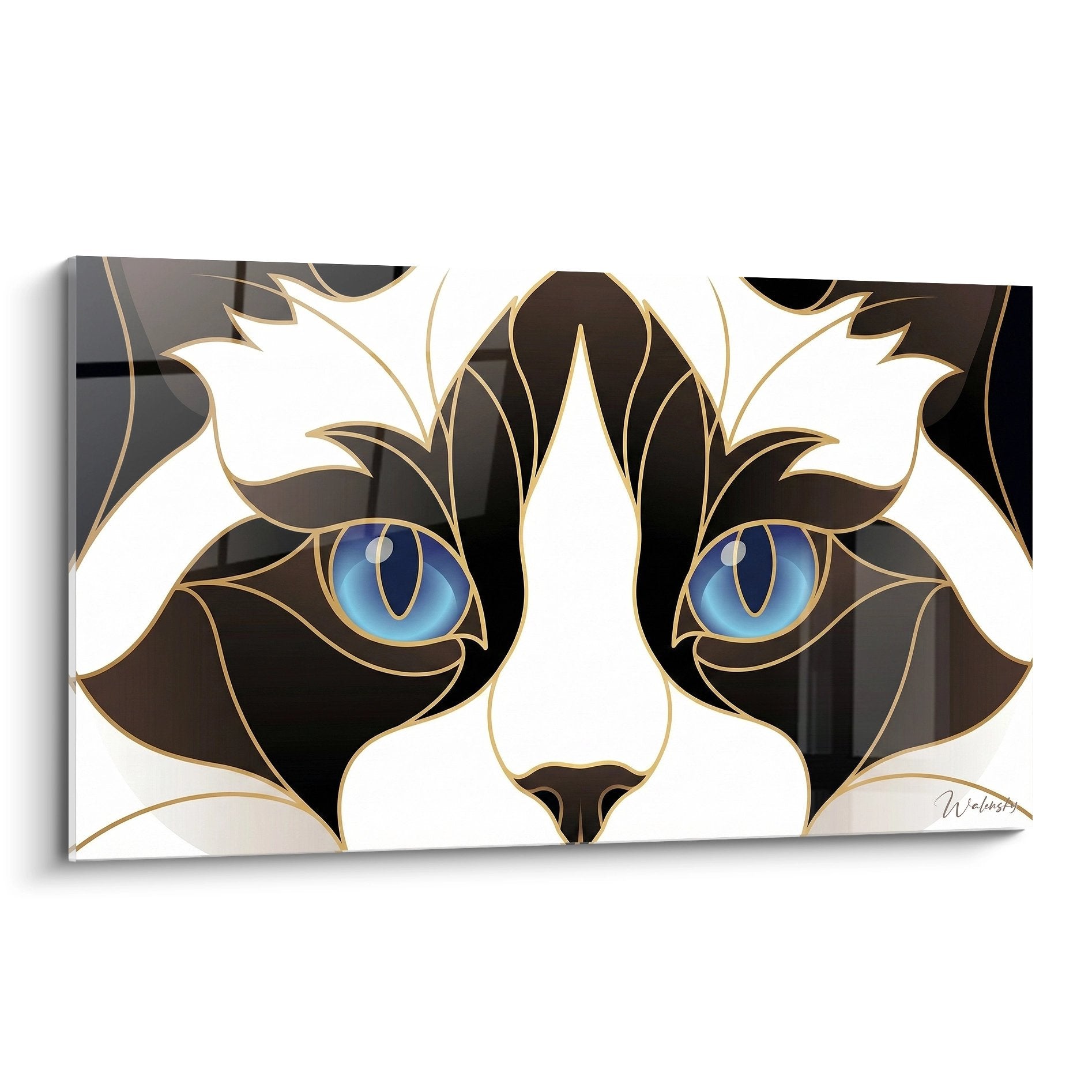 Quadro murale gatto stilizzato con occhi blu in stile geometrico moderno con contorni dorati