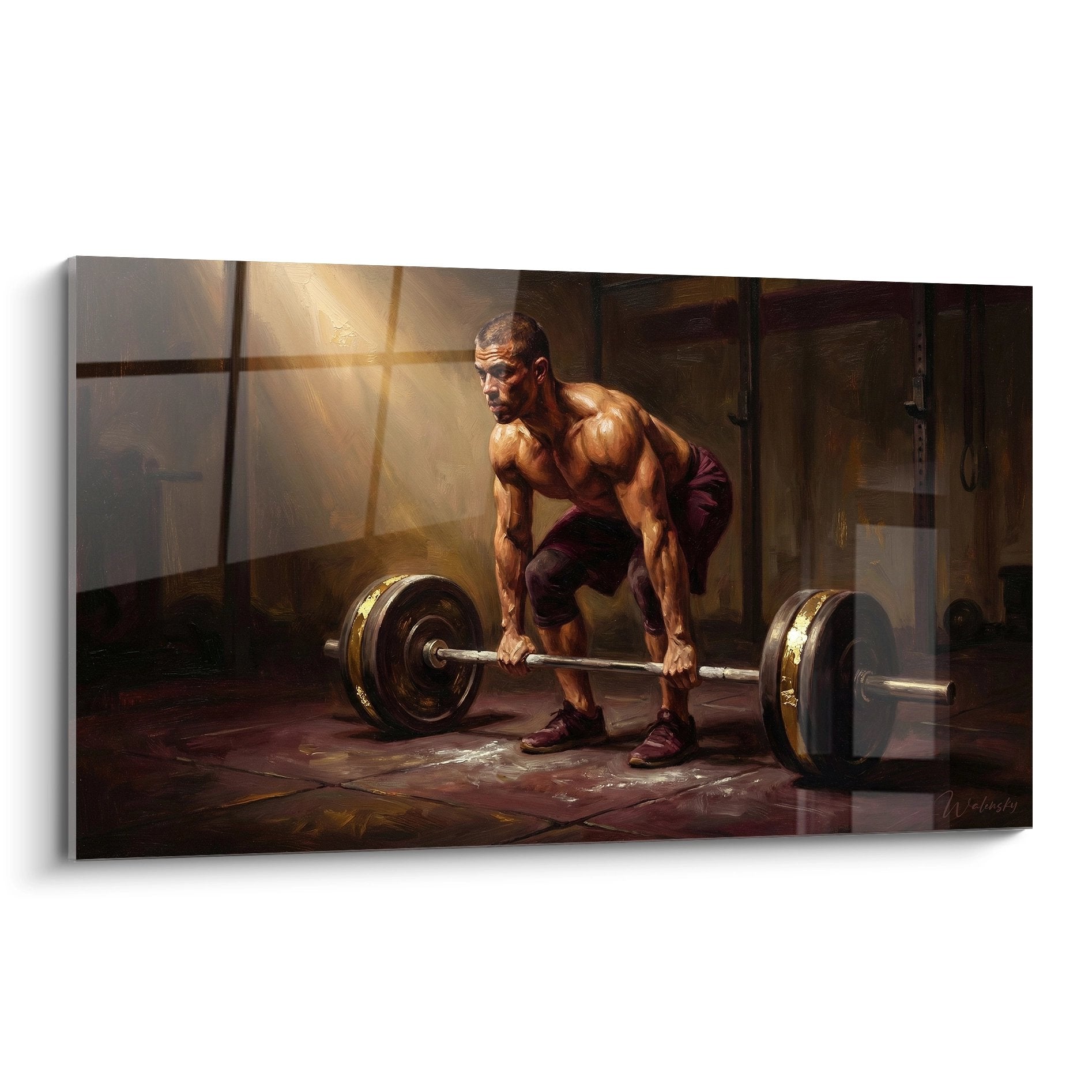 Quadro crossfit stacchi da terra atleta muscoloso che solleva bilanciere olimpico in palestra con illuminazione drammatica