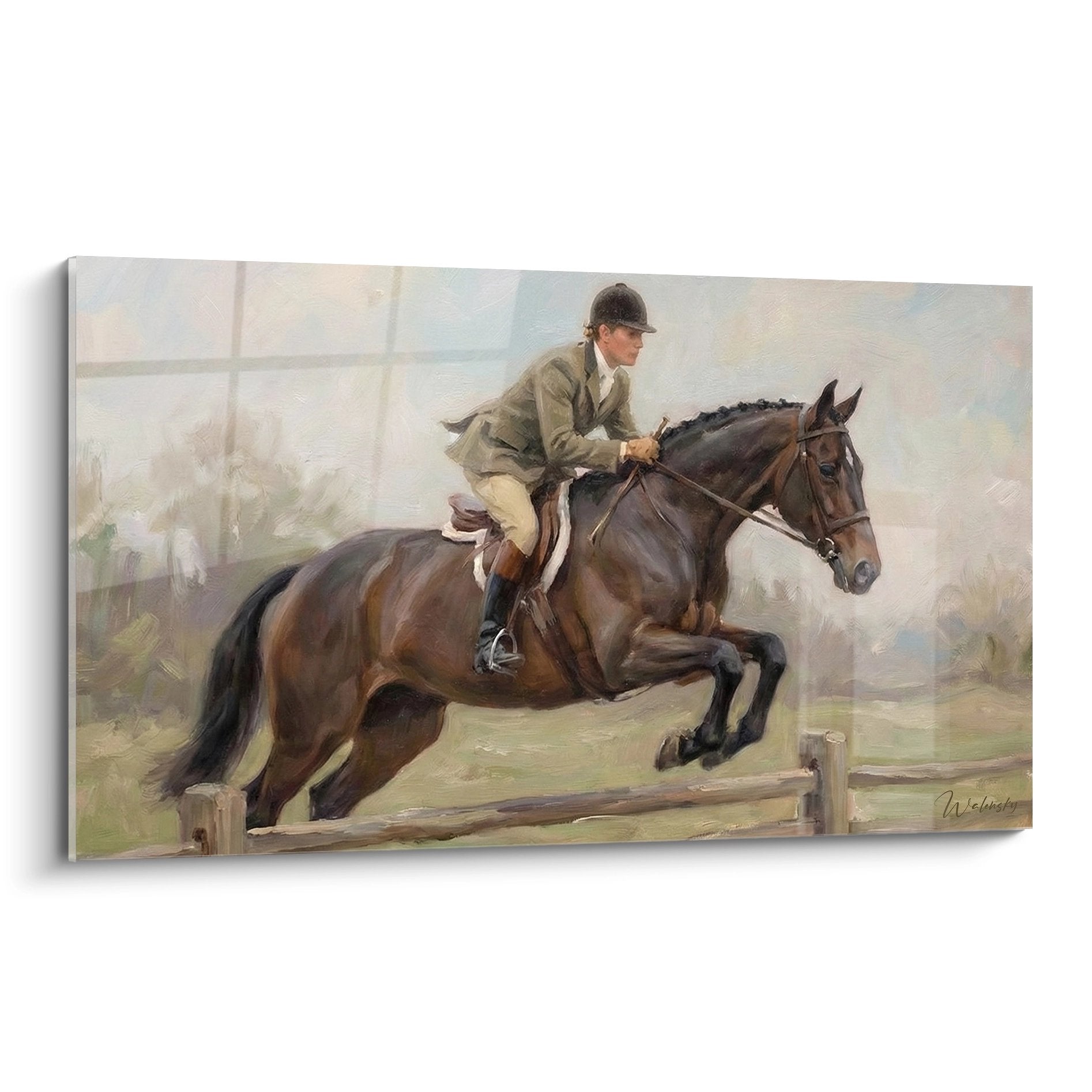 Tableau équestre montrant cavalier en veste beige sautant obstacle sur cheval bai dans style hunter classique