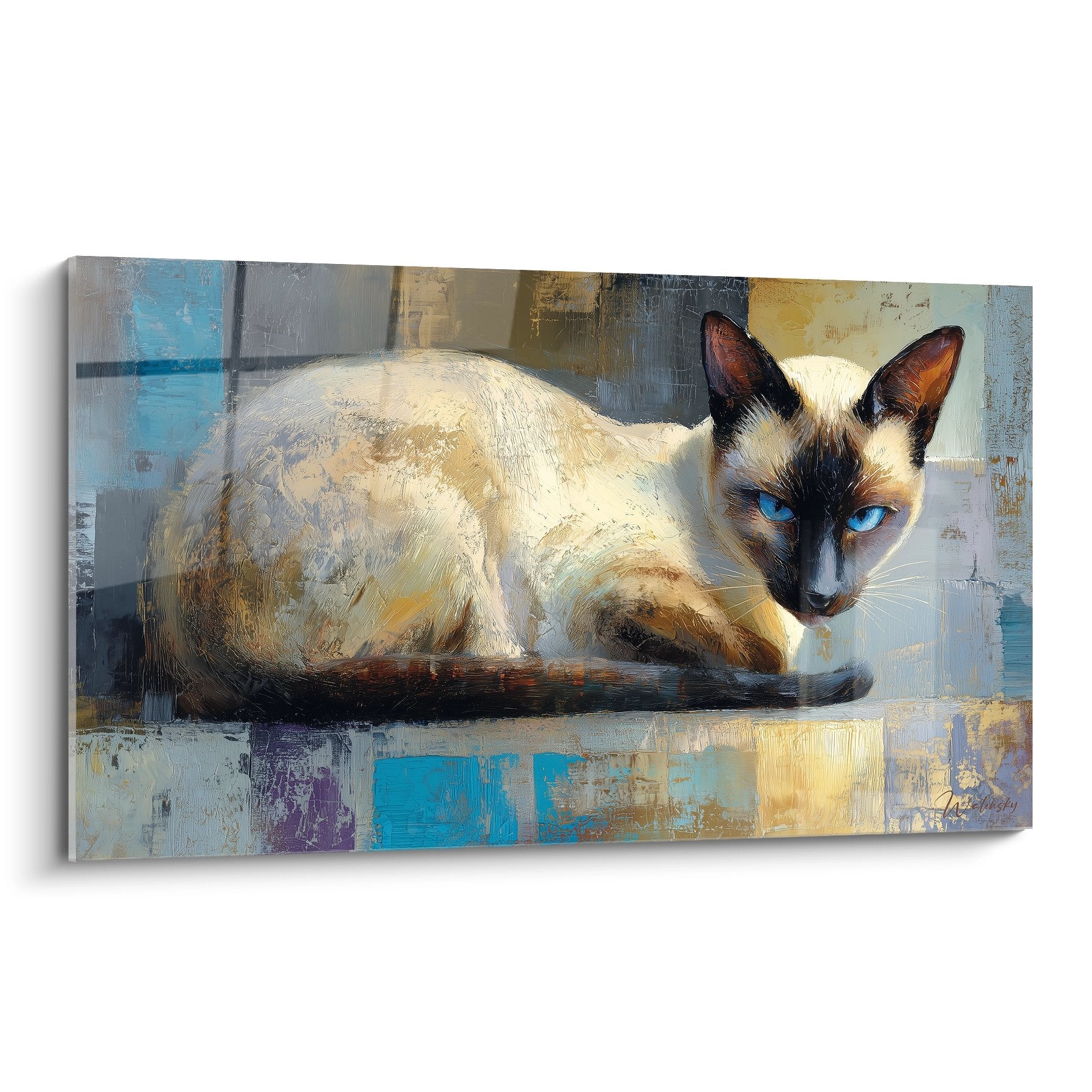 Quadro moderno gatto siamese con occhi blu su sfondo astratto colorato, mantello crema e maschera scura