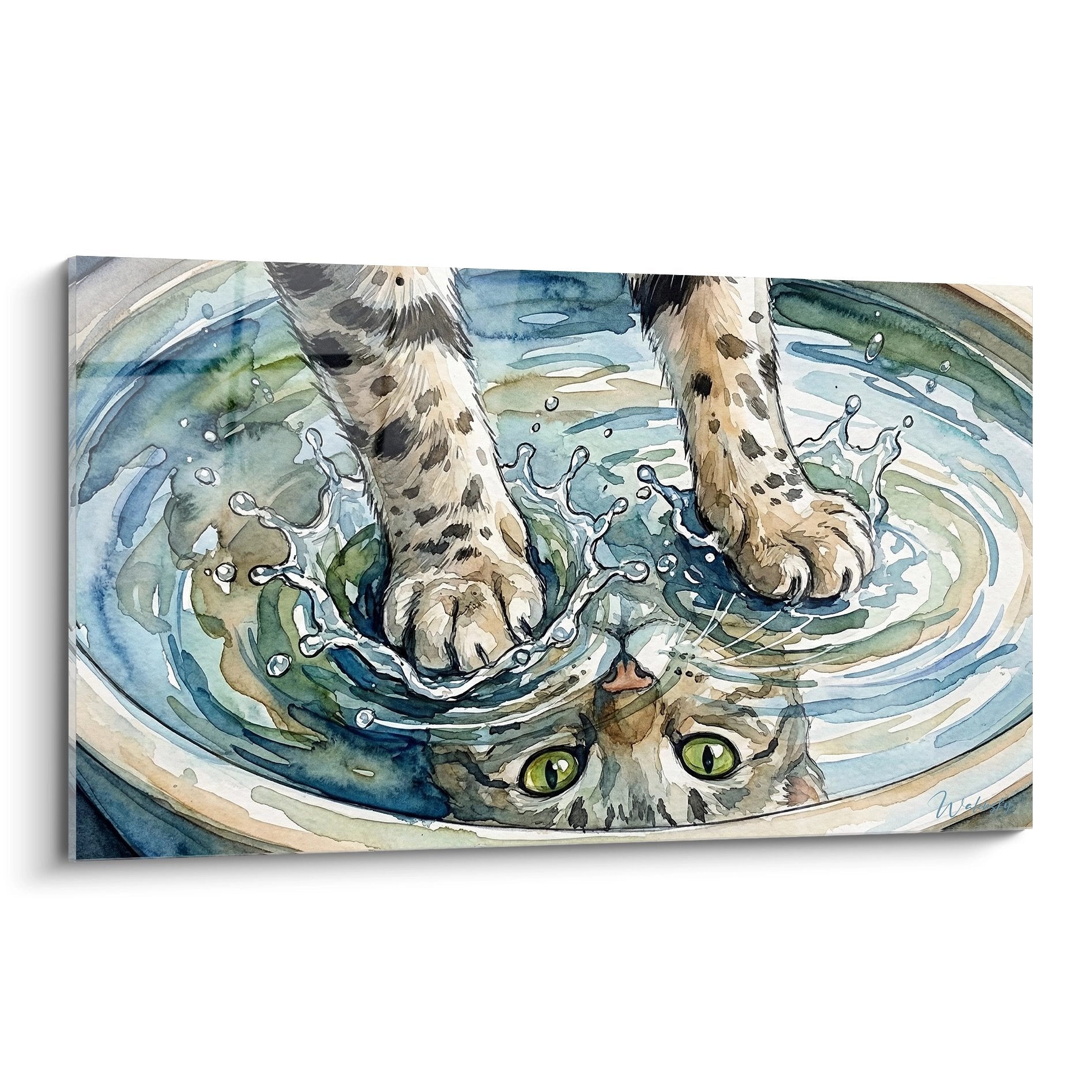 Acquerello di un gatto Egyptian Mau che si tuffa in acqua con schizzi blu e verdi